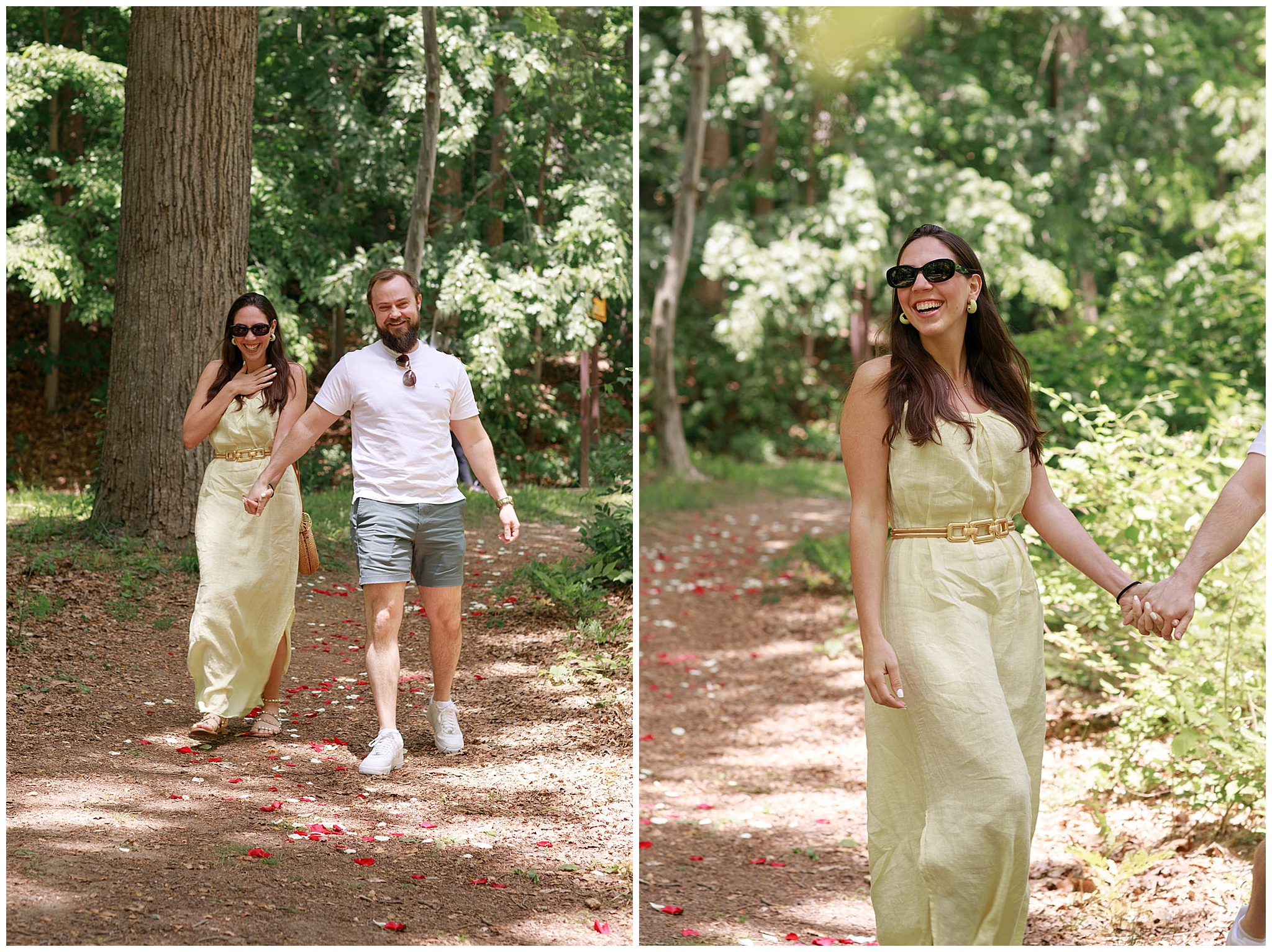 A man lead his girlfriend through a park path covered in rose petals to propose dc engagement photographer