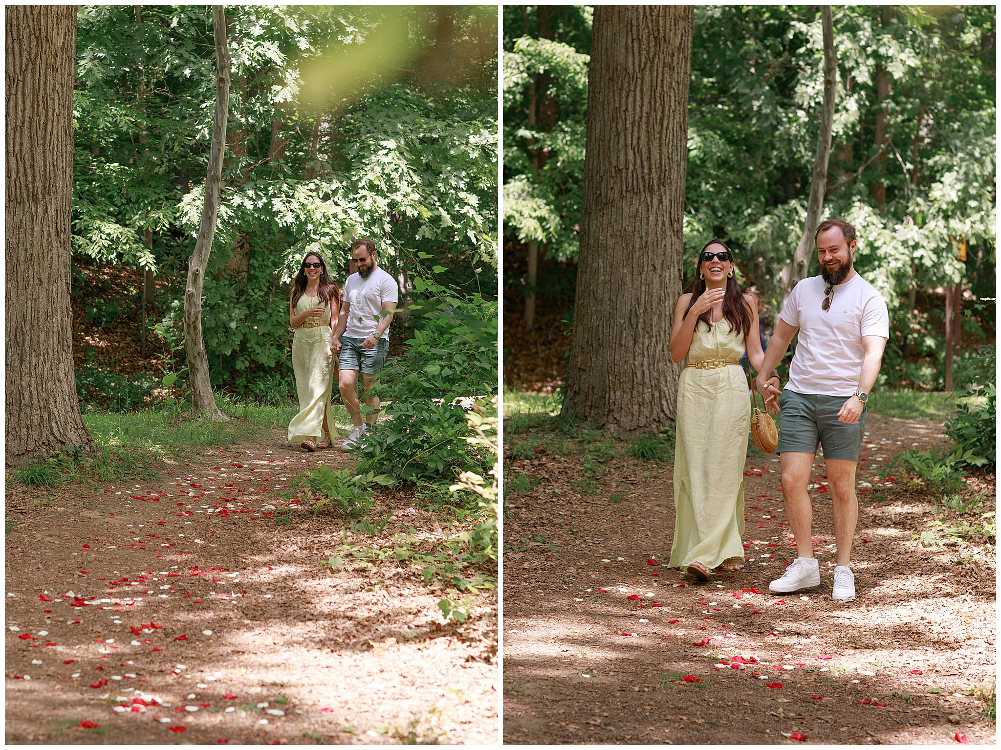 A couple walks down a park path laid with rose petals on way to proposal dc engagement photographer