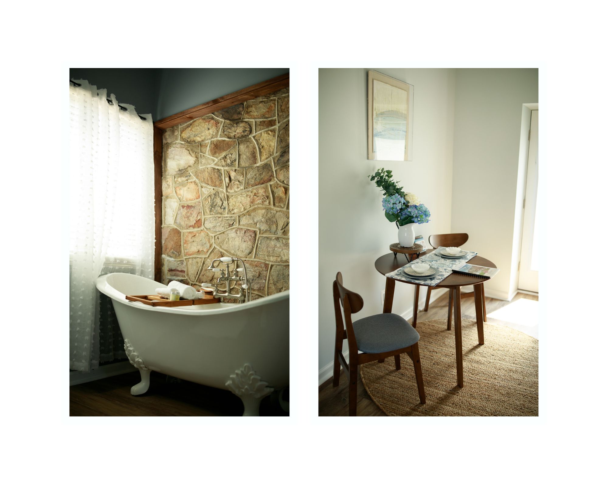 Clawfoot tub and kitchen table detail photos.