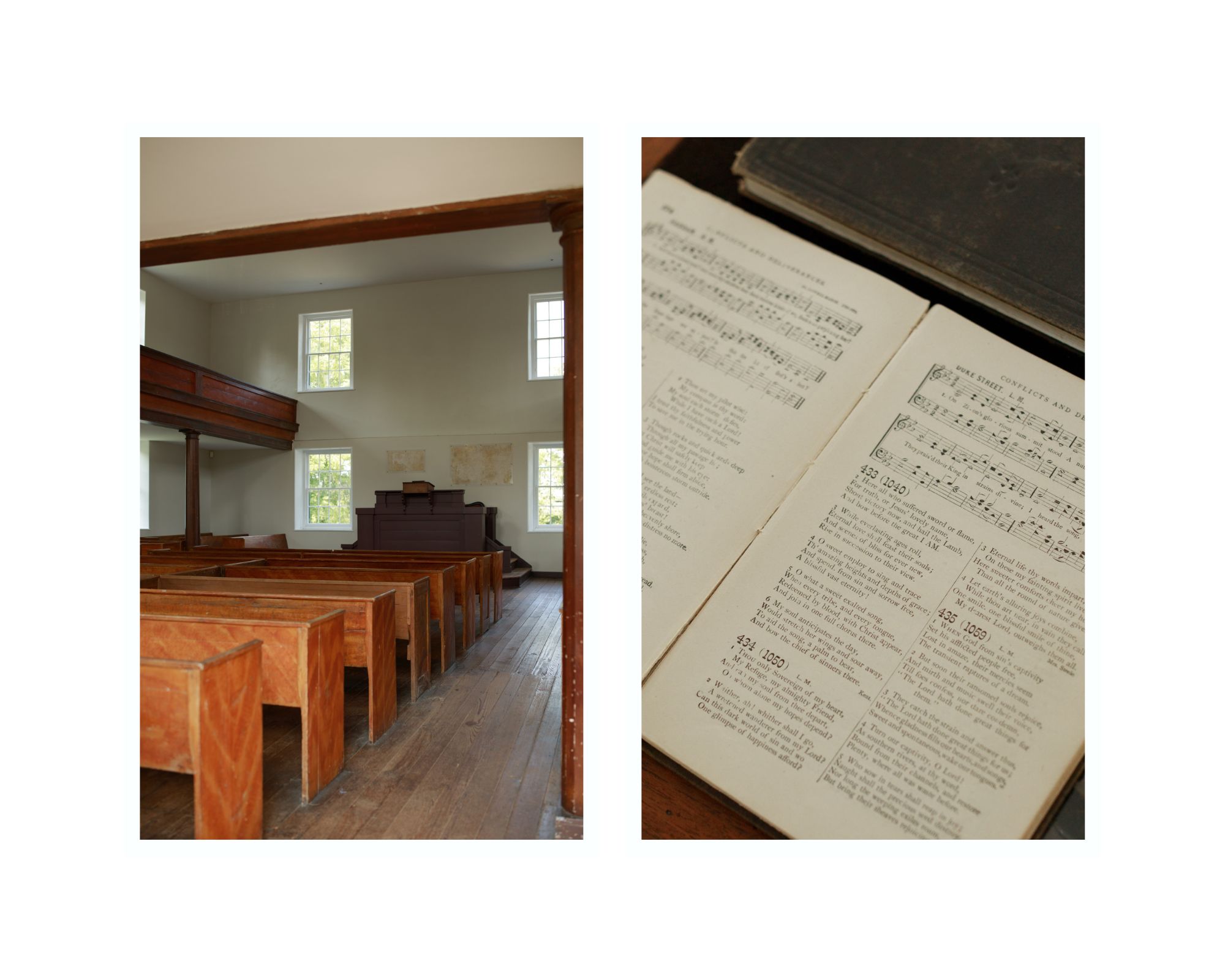 An interior view of Mt. Zion (left) and an old hymnal found in the church (right).