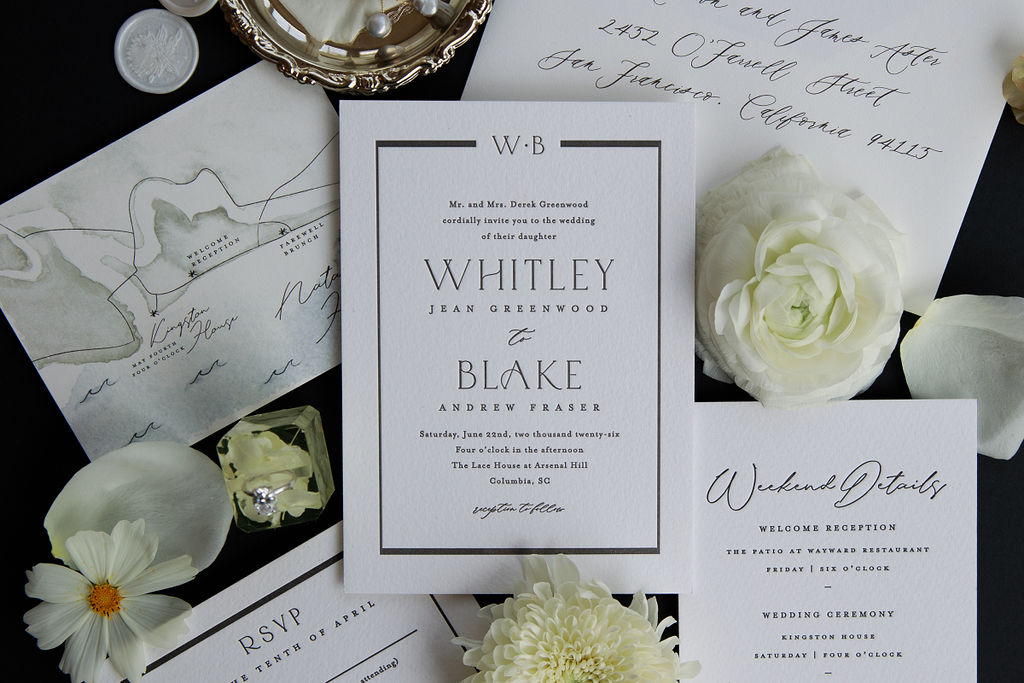 Details of wedding invitations, rings, jewelry and flowers