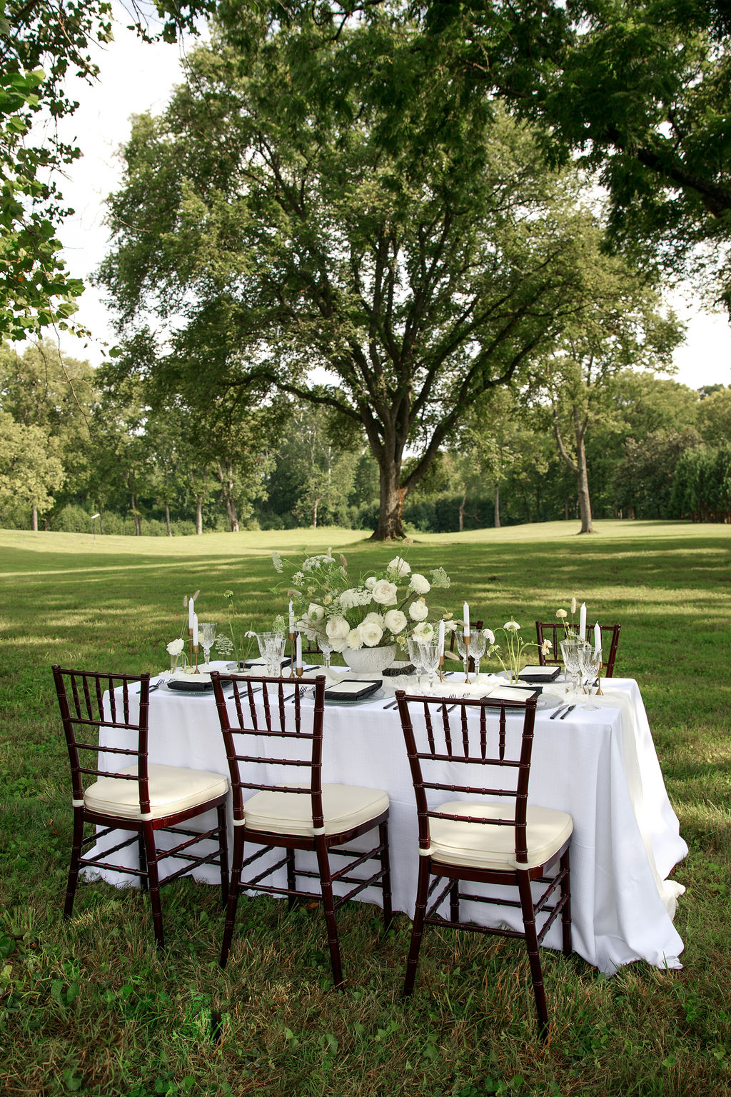 A table for six sits in a grassy field with a large white flower centerpiece