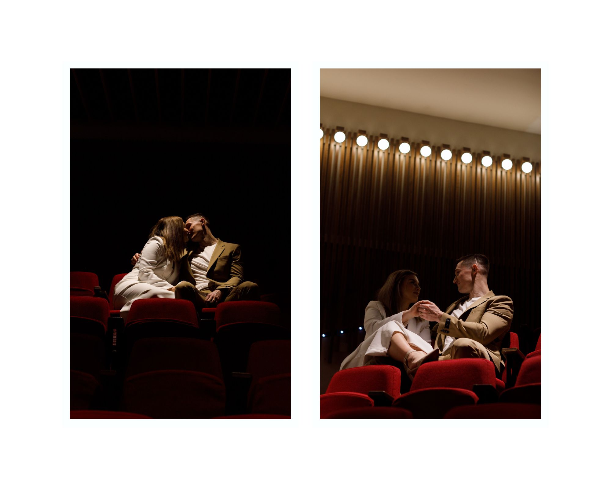 Unique art gallery engagement photos. The couple is seated in a theater surrounded by lights.