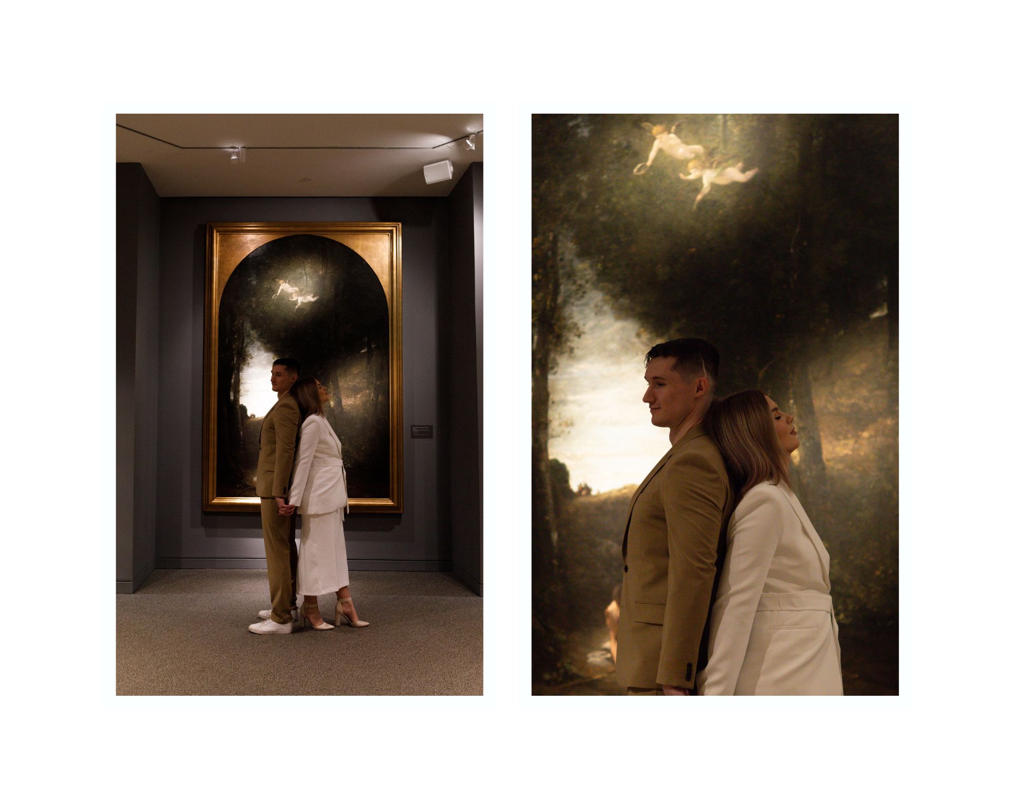 Unique art gallery engagement photos. The couple is standing in front of art and the photo is cropped in close.
