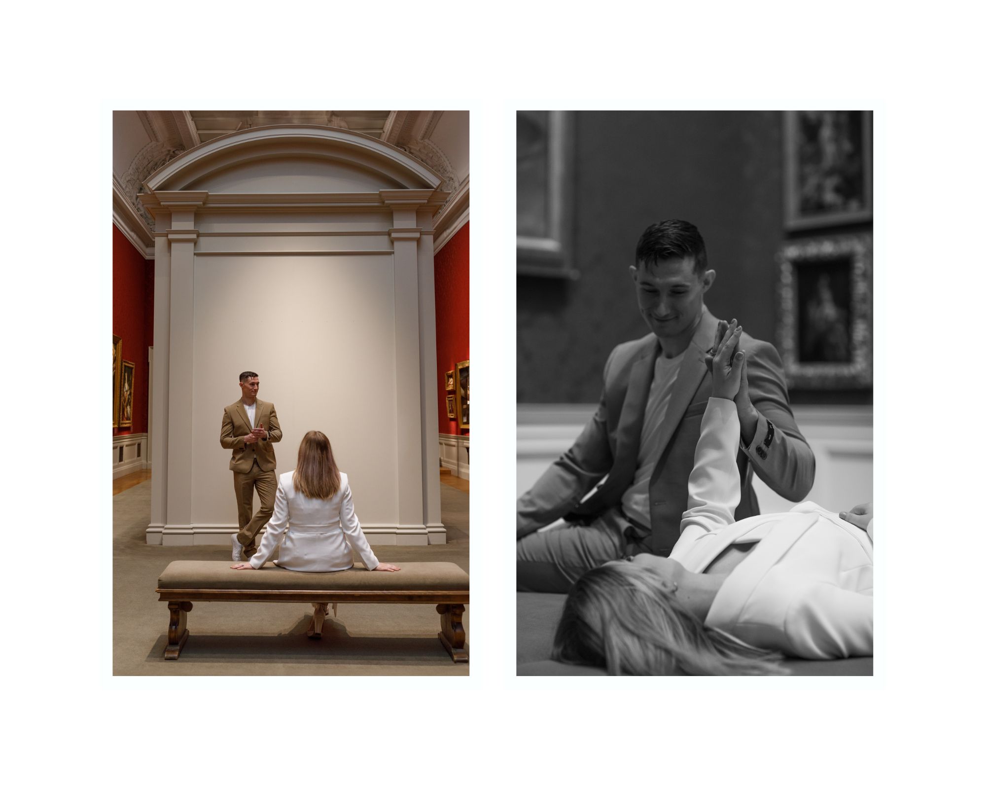 Unique art gallery engagement photos. The groom is pretending to be a statue while the bride watches him.