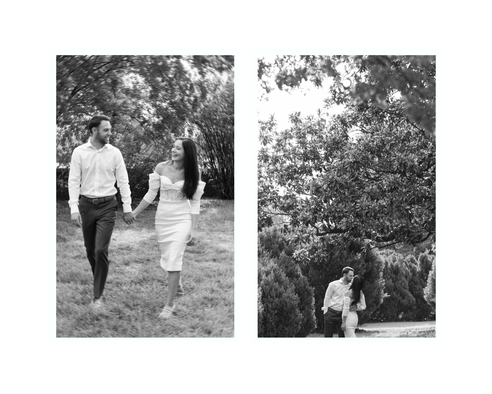 Black and white moments of a couple sharing laughter for their engagement photos.