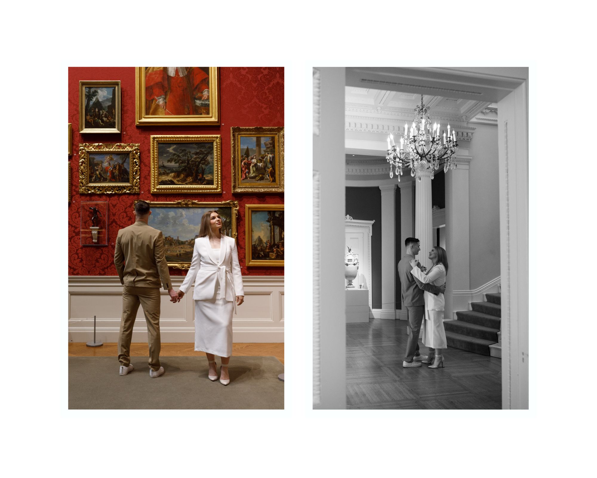 Unique art gallery engagement photos. The couple is holding hands in the photo on the left and slow dancing in the photo on the right.