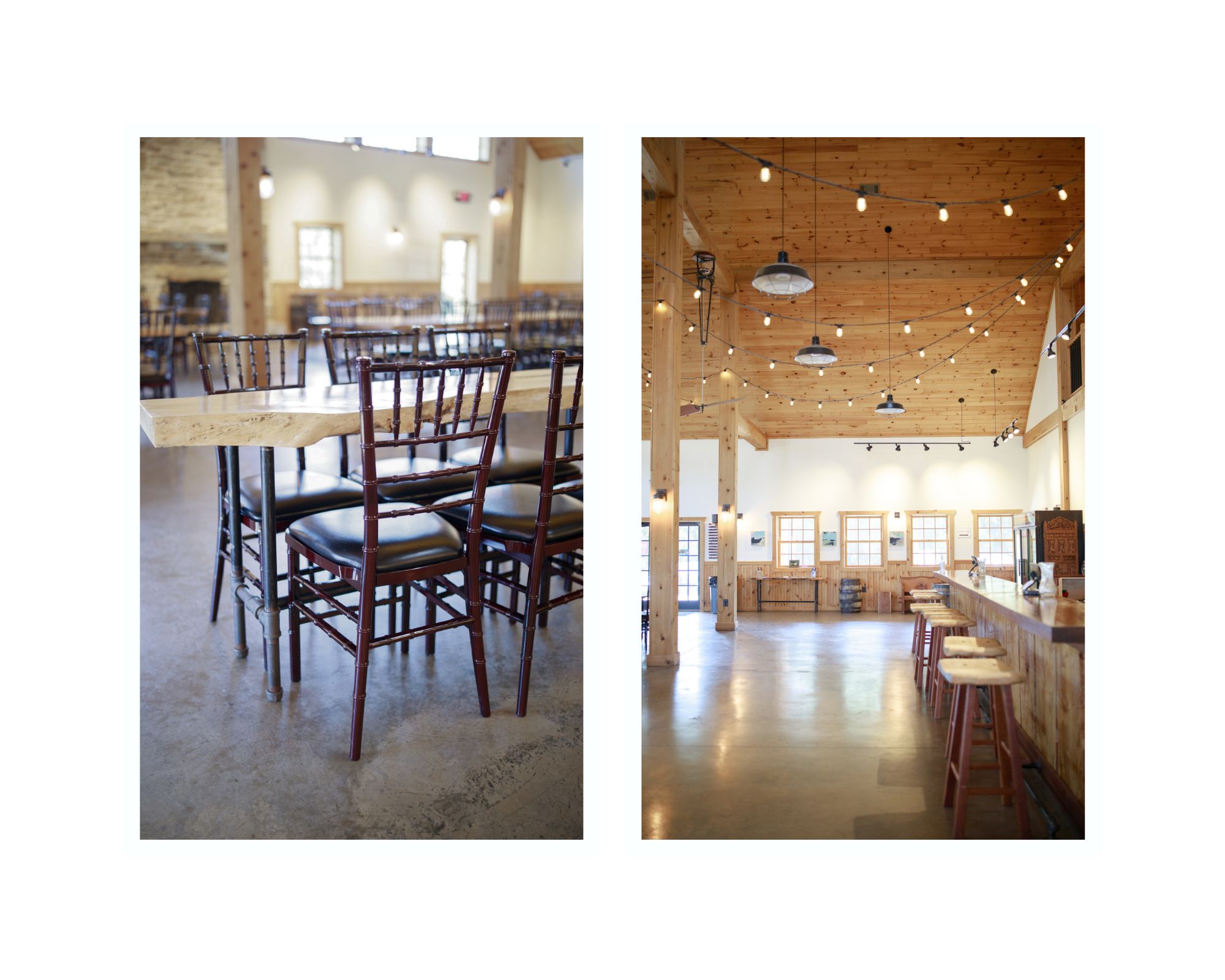 Rustic raw edge tables and chiavari chairs inside where the reception space is.