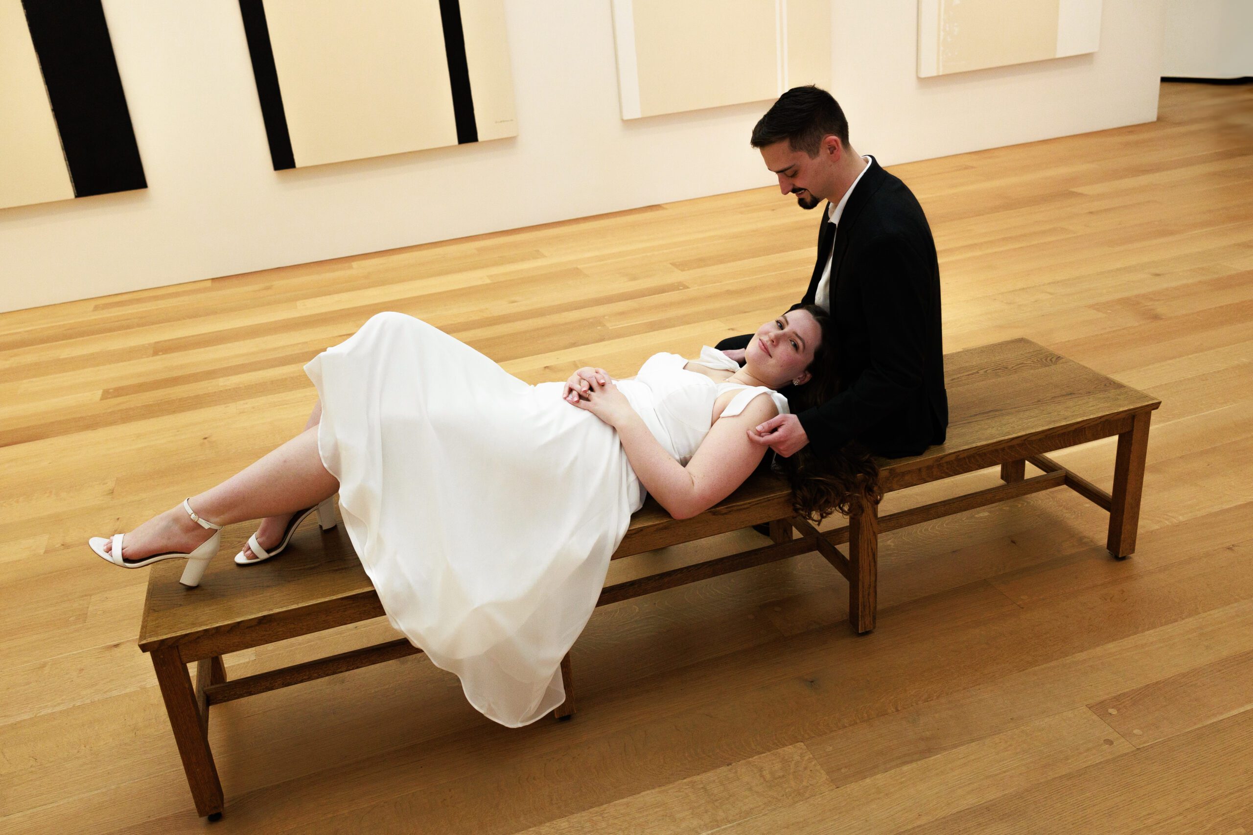 White dress engagement photo at the national gallery of art