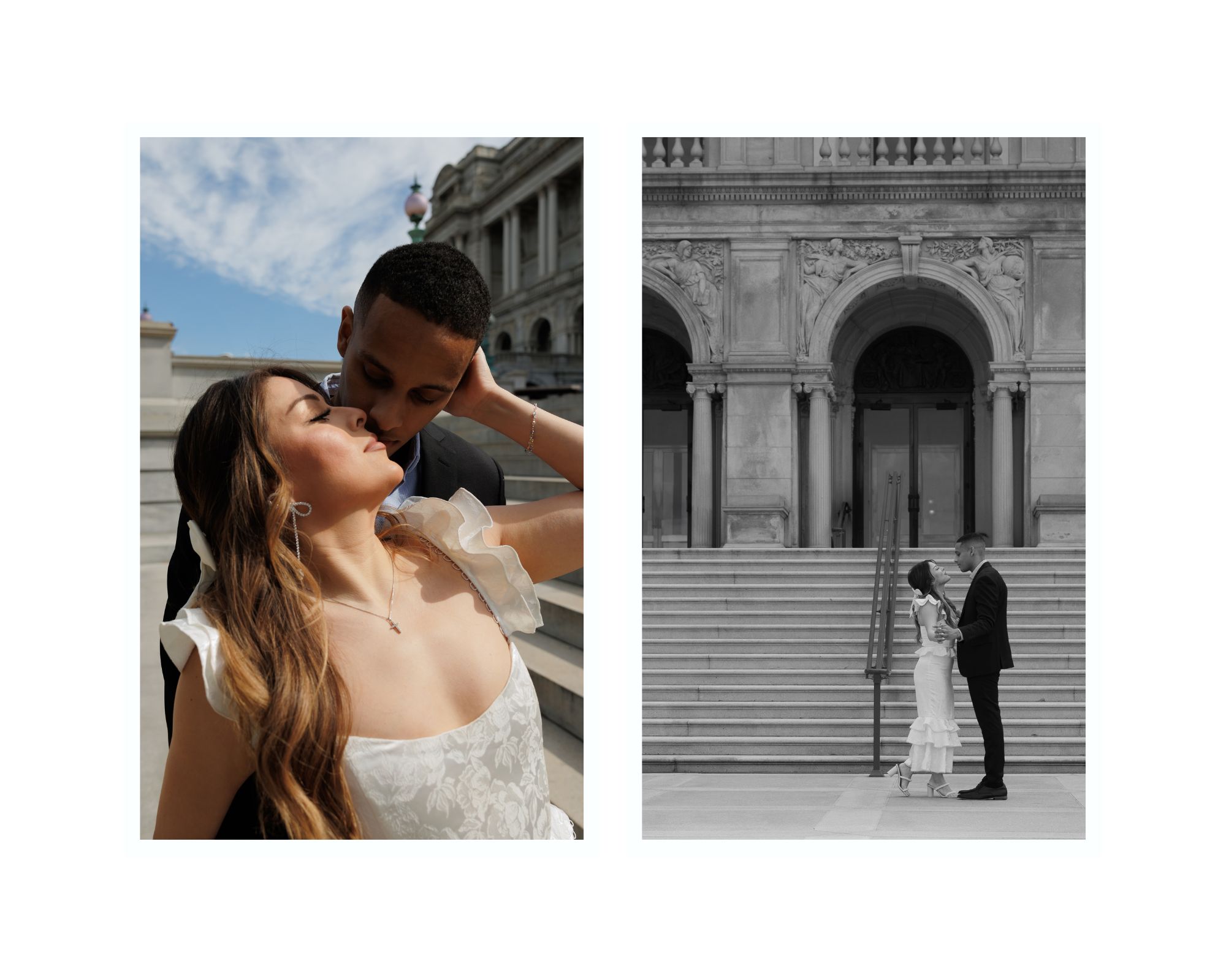 Newly engaged couple sharing a kiss at the Library of Congress.