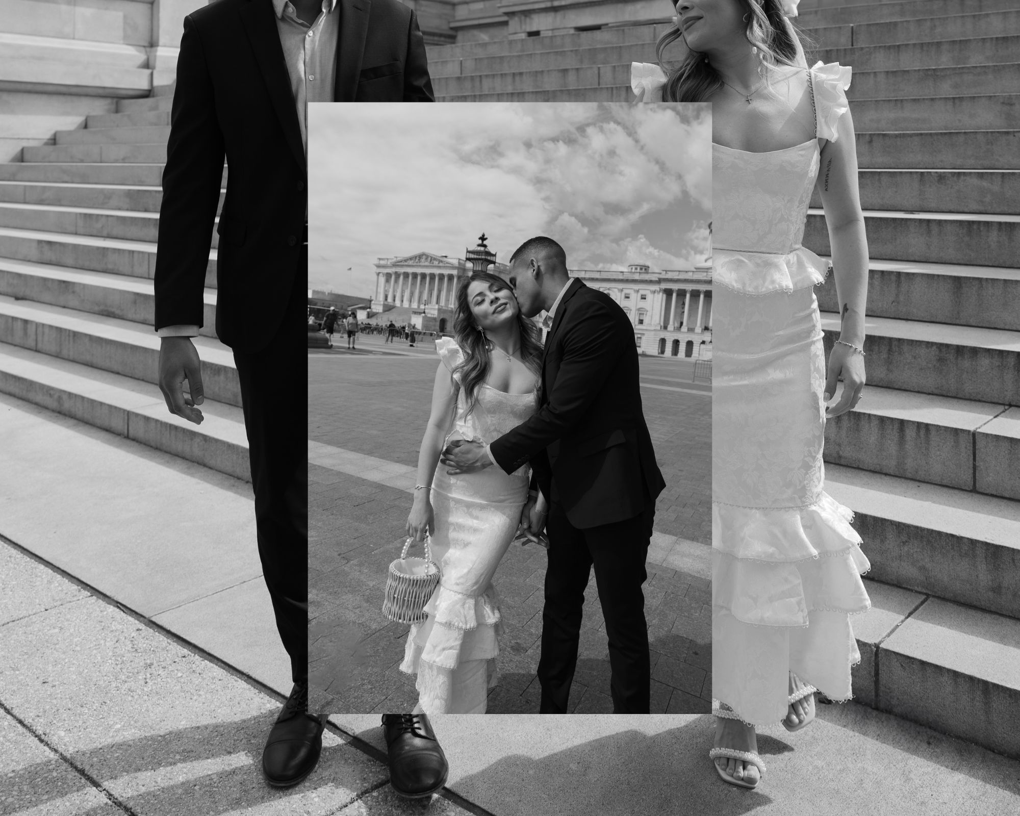 Engaged couple taking their portraits at the Library of Congress and Capitol Building