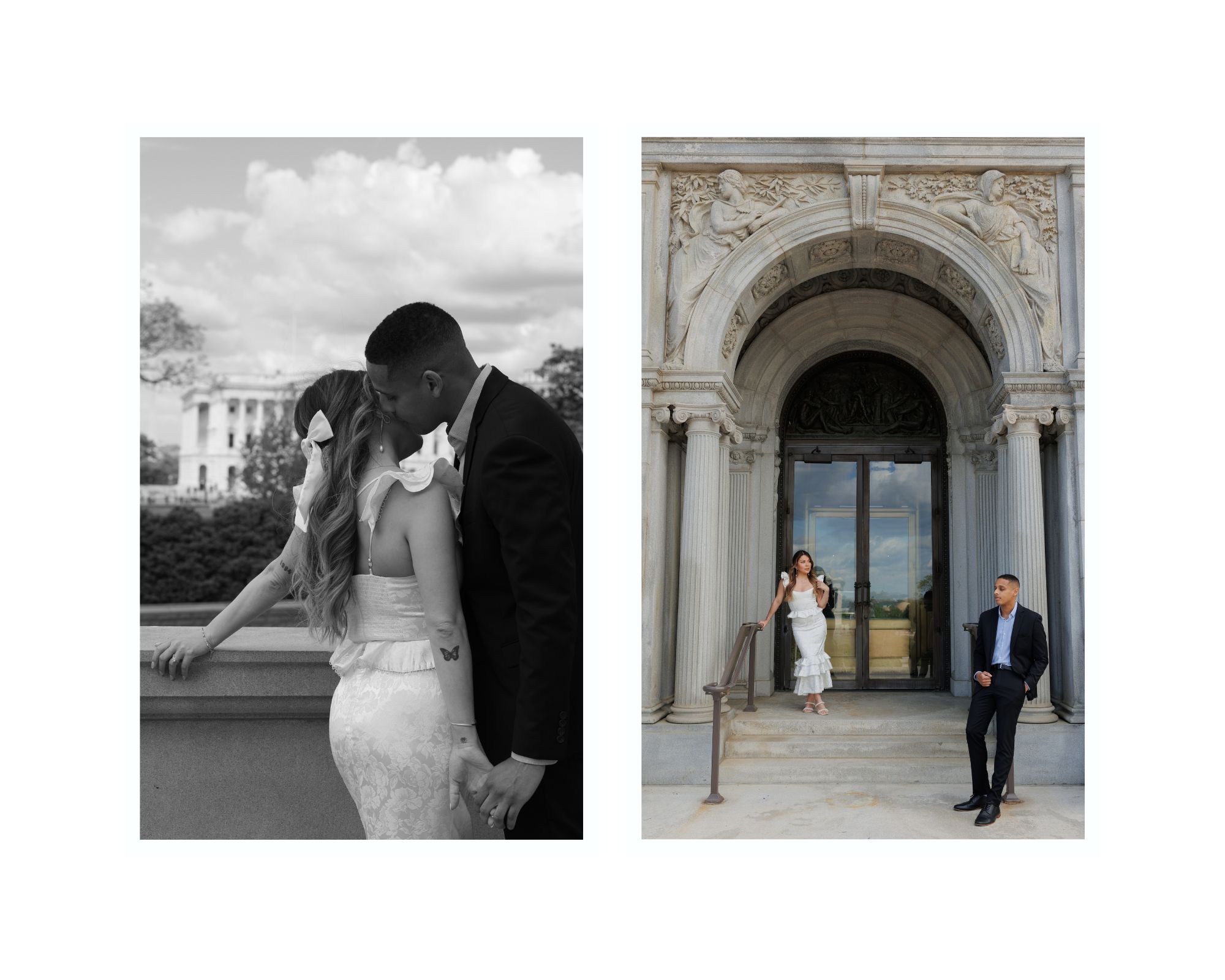 Engaged couple taking their portraits at the Library of Congress in the Spring in Washington DC