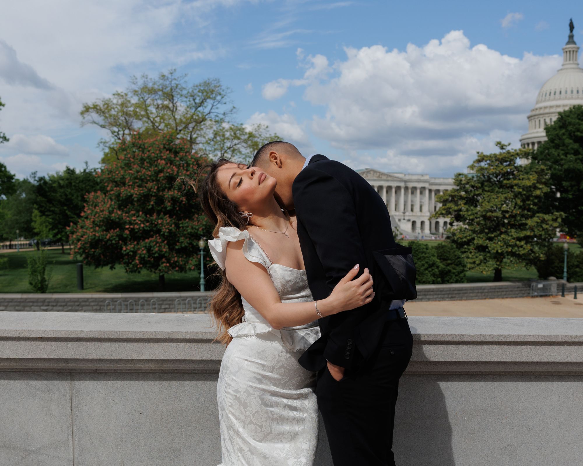 Engaged couple taking their portraits at the Library of Congress in the Spring in Washington DC