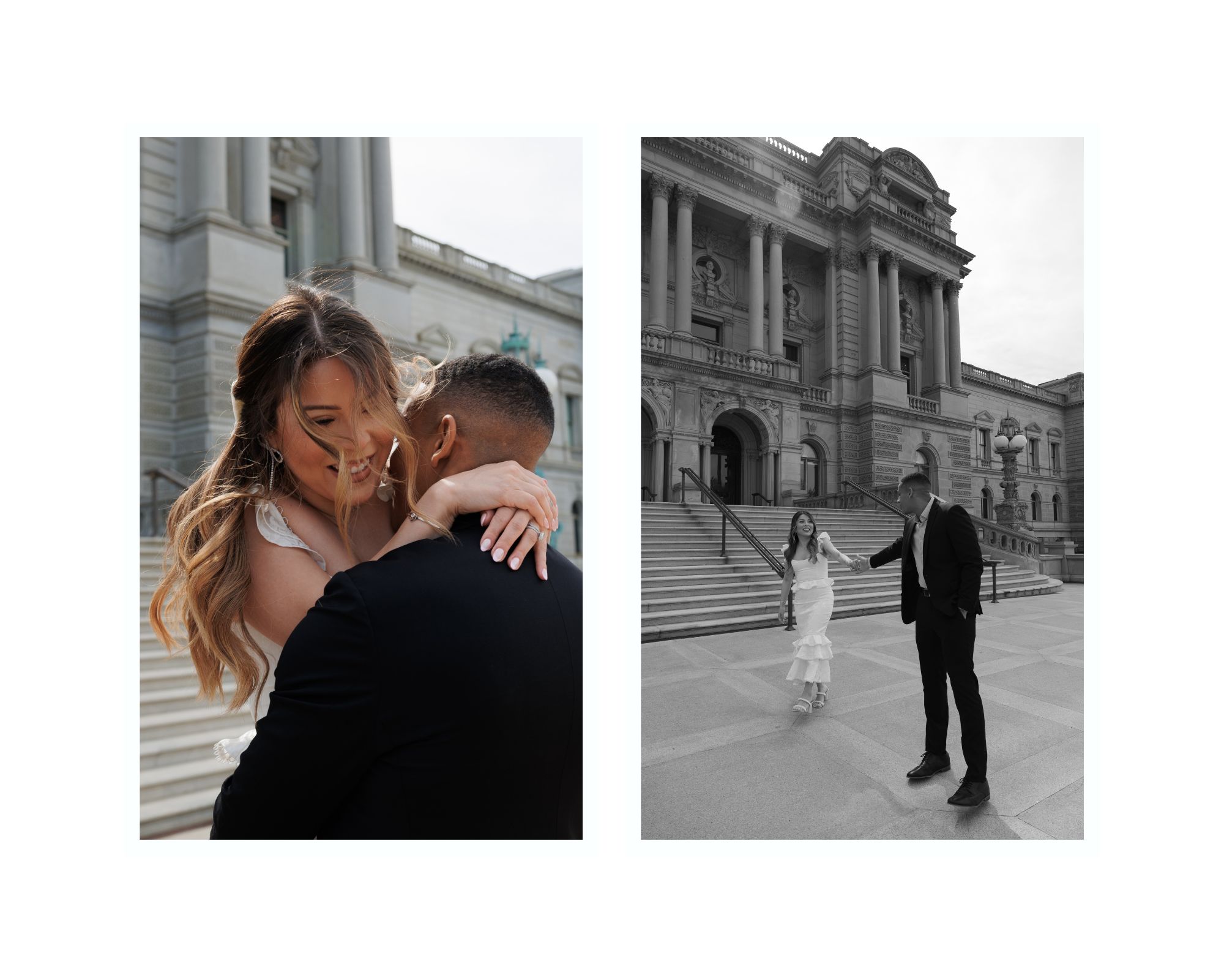 Newly engaged couple sharing a kiss at the Library of Congress.