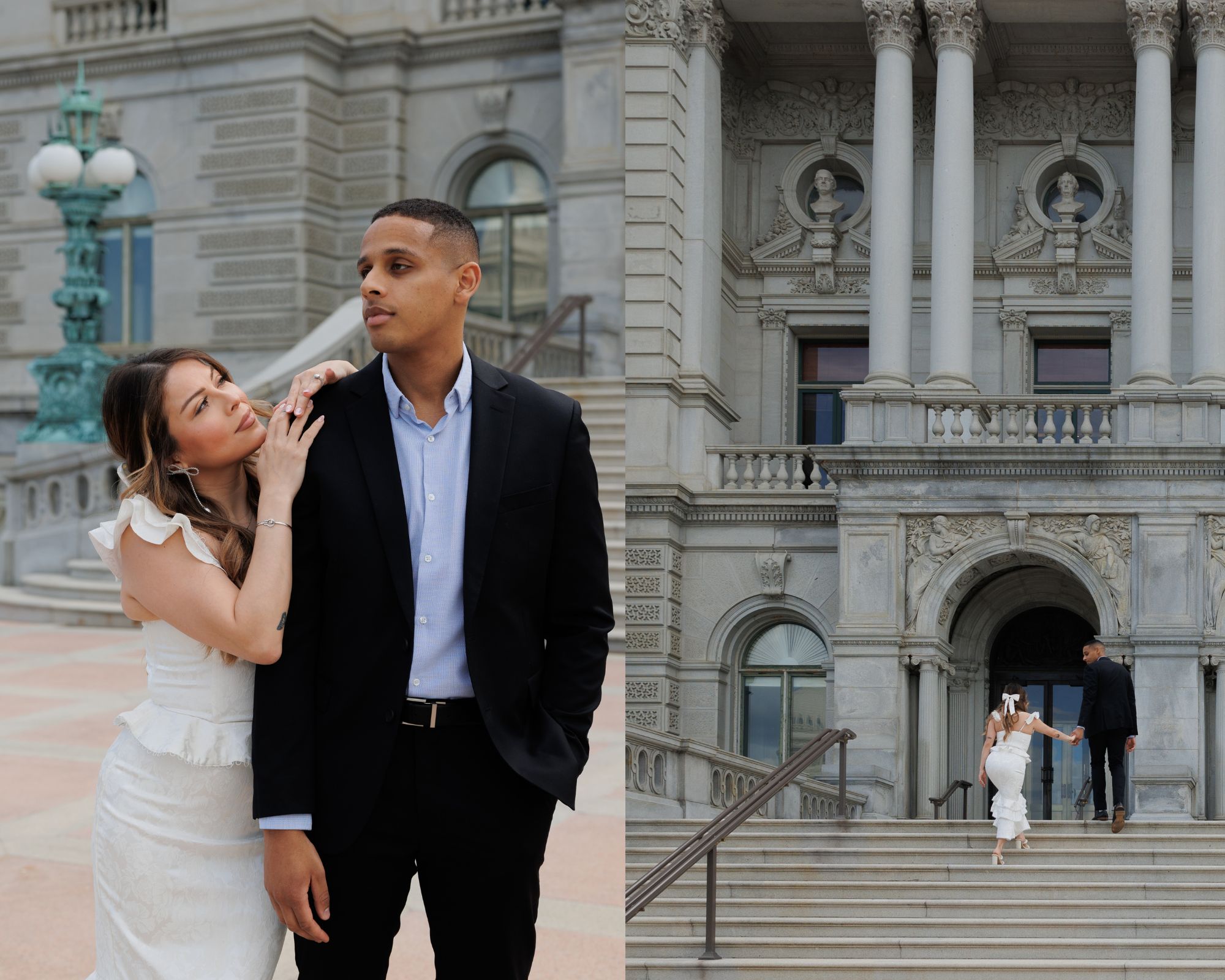 Newly engaged couple sharing a kiss at the Library of Congress.