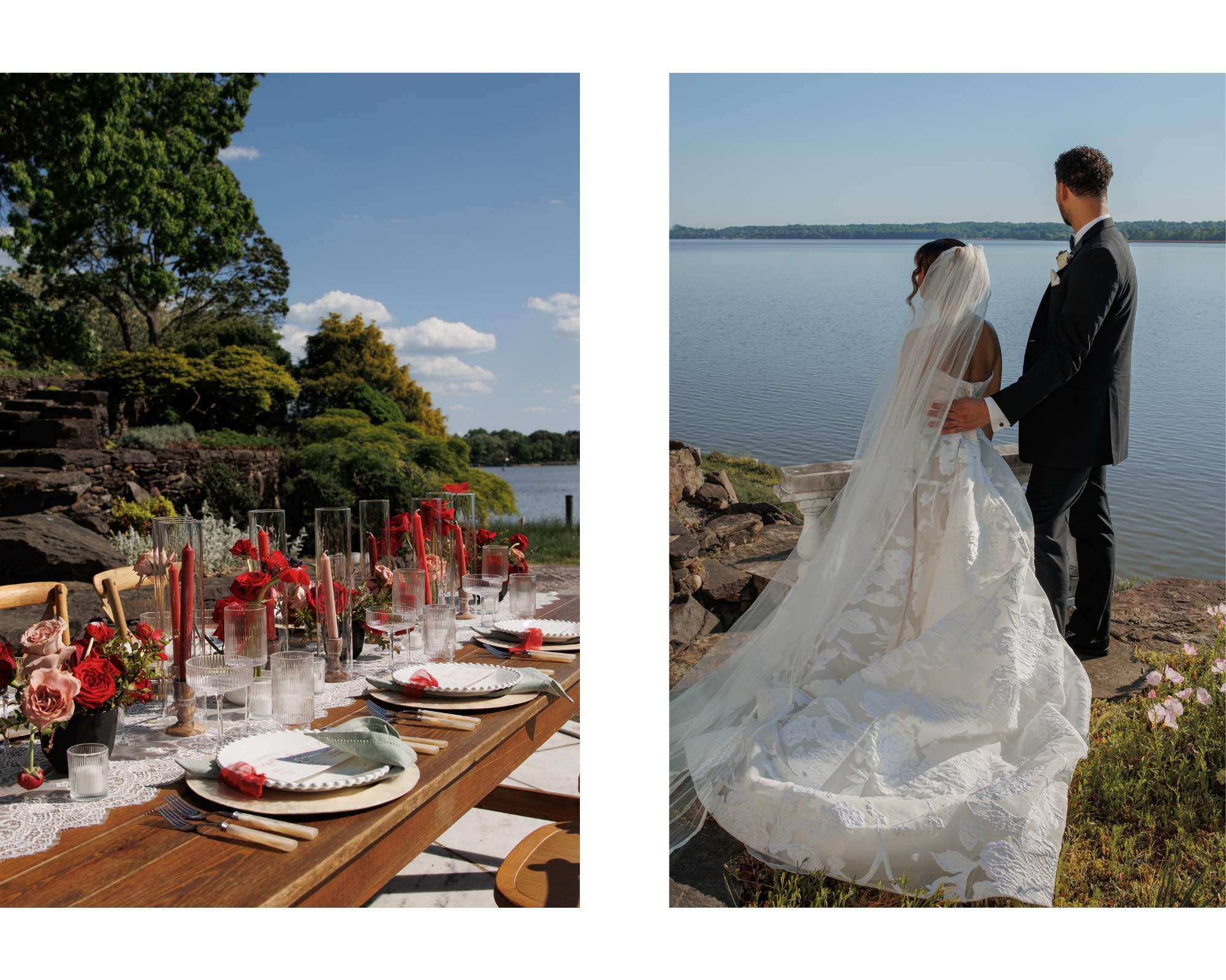 The dinner table set up with red florals and custom letterpress menus.