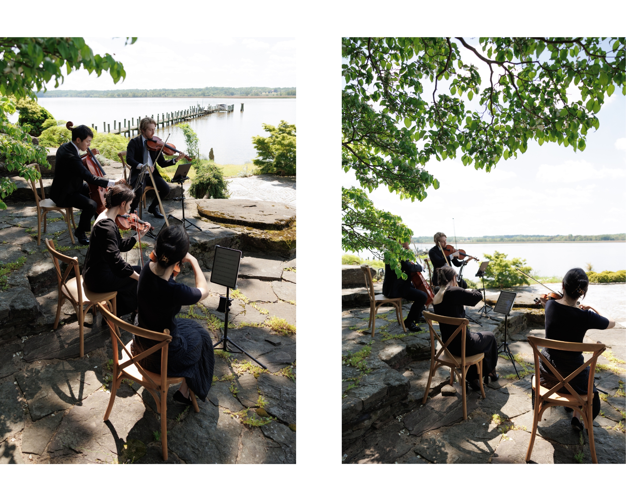 The string quartet plays while guests get seated for a private ceremony.