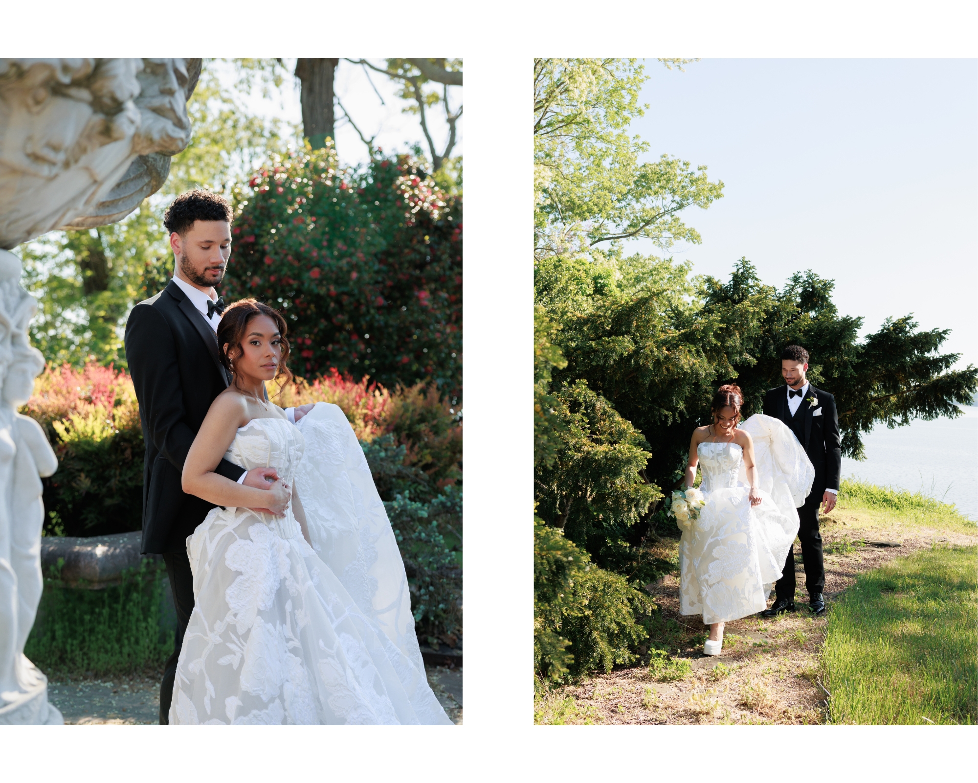 Bride and groom walk around the venue on their wedding day.