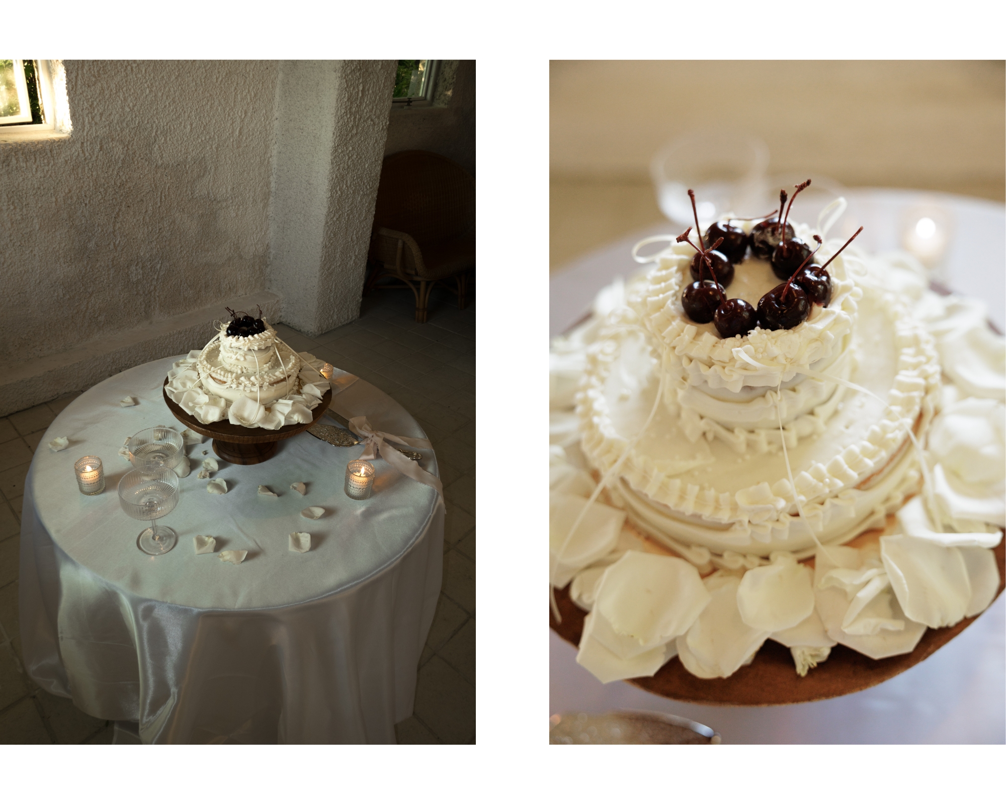 Wedding cake surrounded by rose petals.