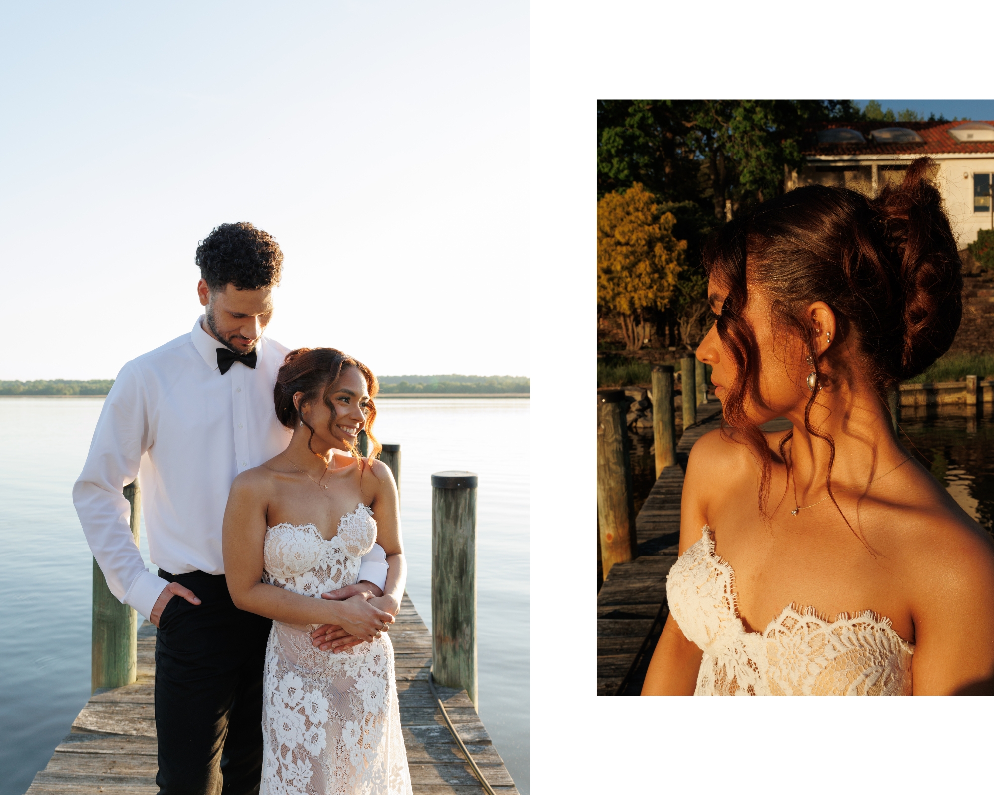 The bride and groom share a private moment together on the dock at their private estate wedding.