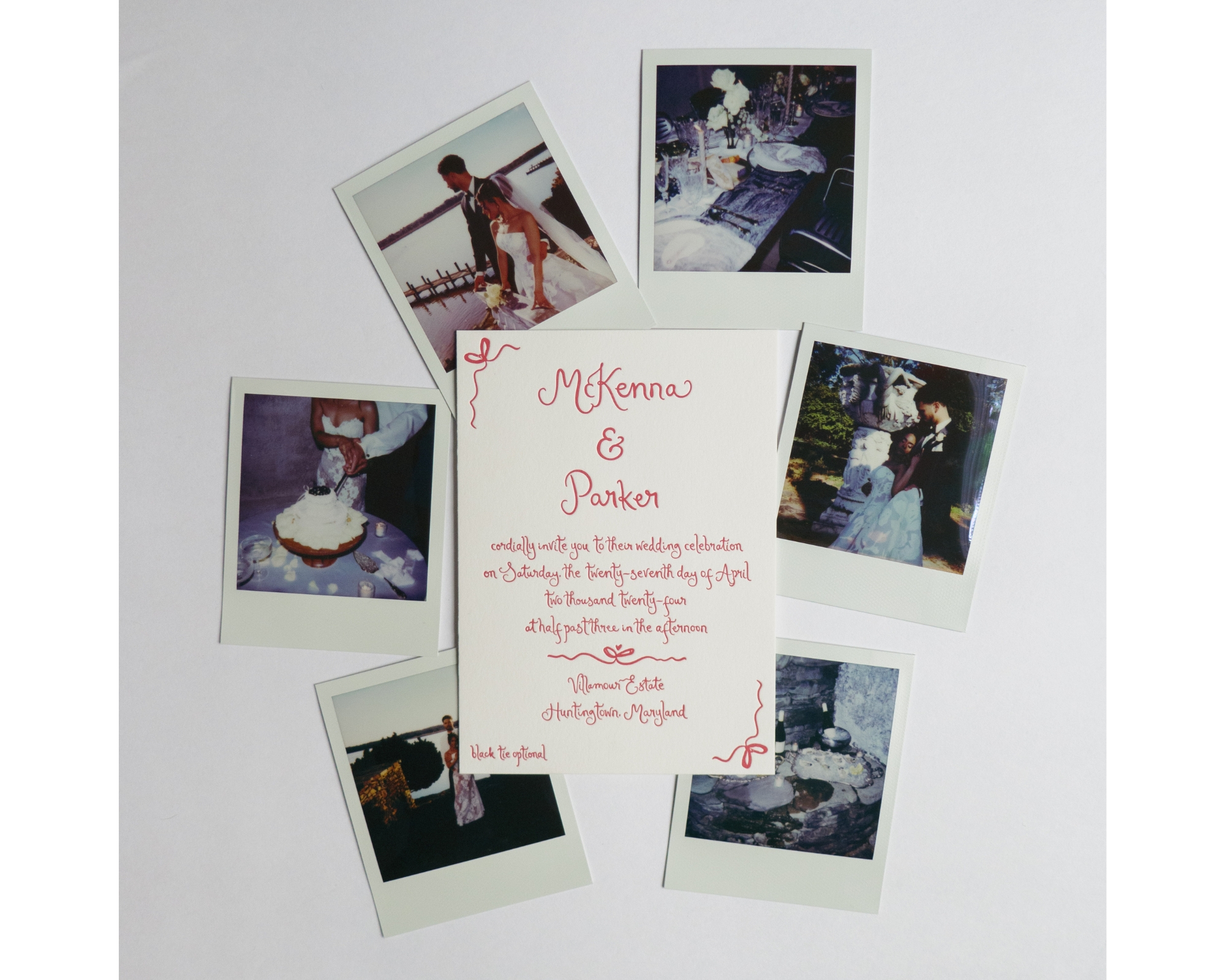 Polaroids are around the wedding invitation.