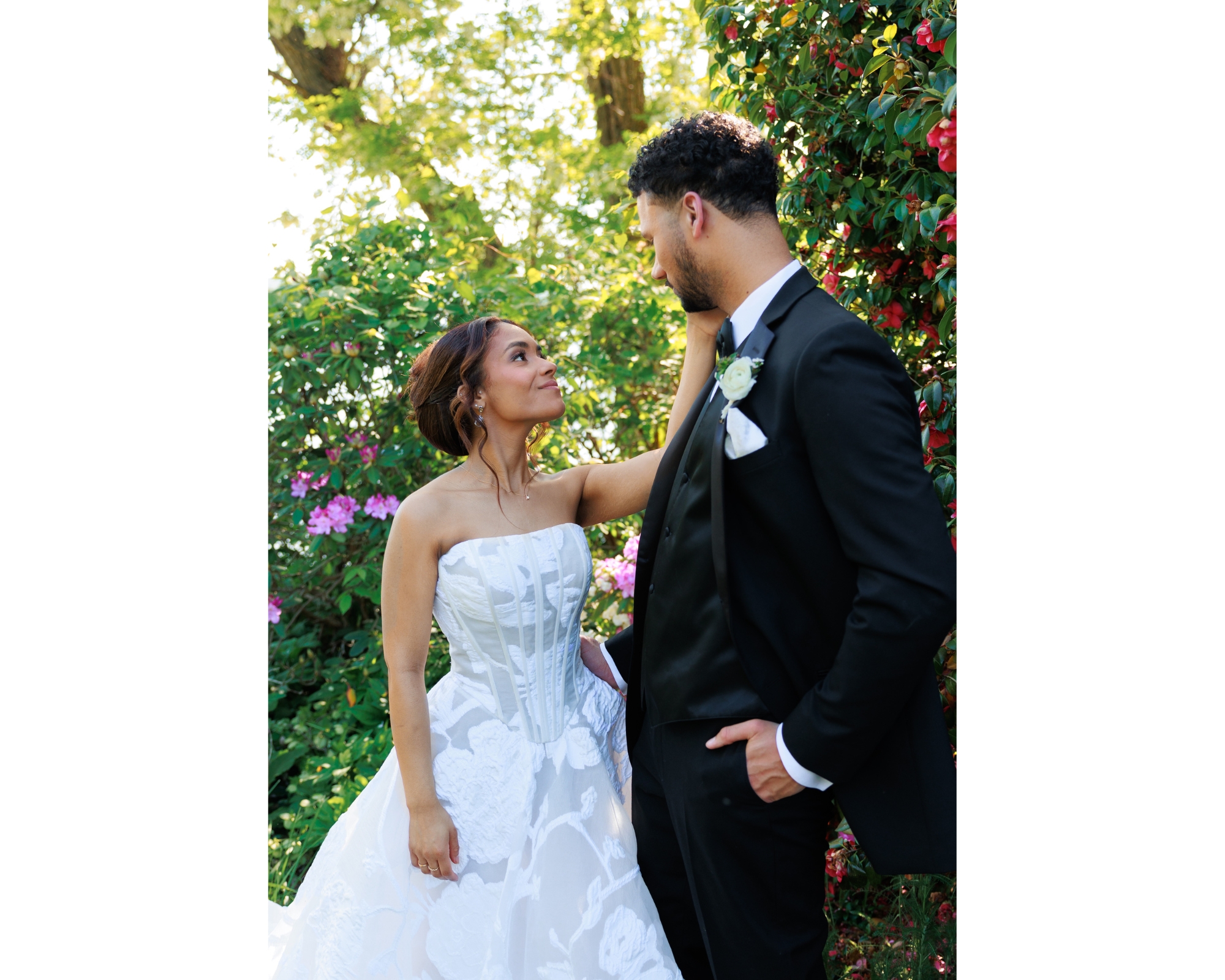 Bride and groom posing together for their bridal portraits.