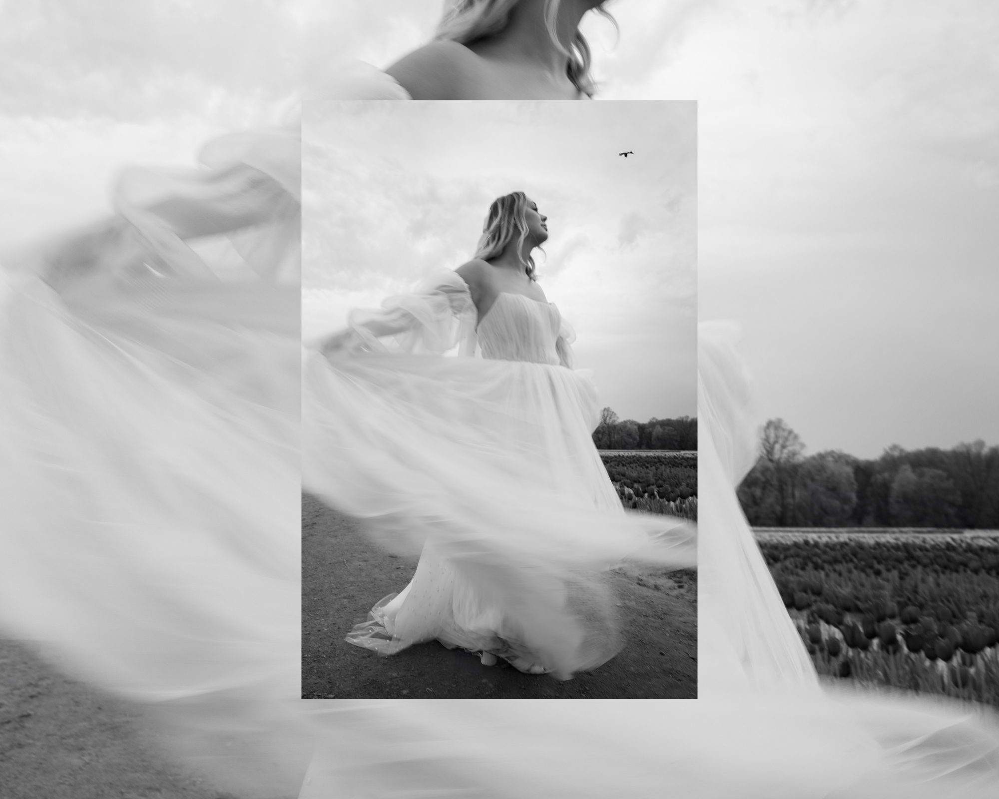 Stunning black and white motion photo of a bride