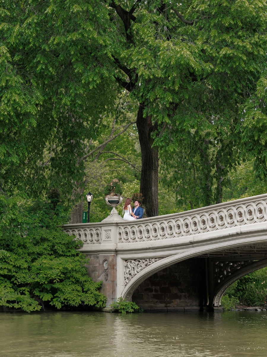 Couple poses for their engagement photos on the bridge in Central Park