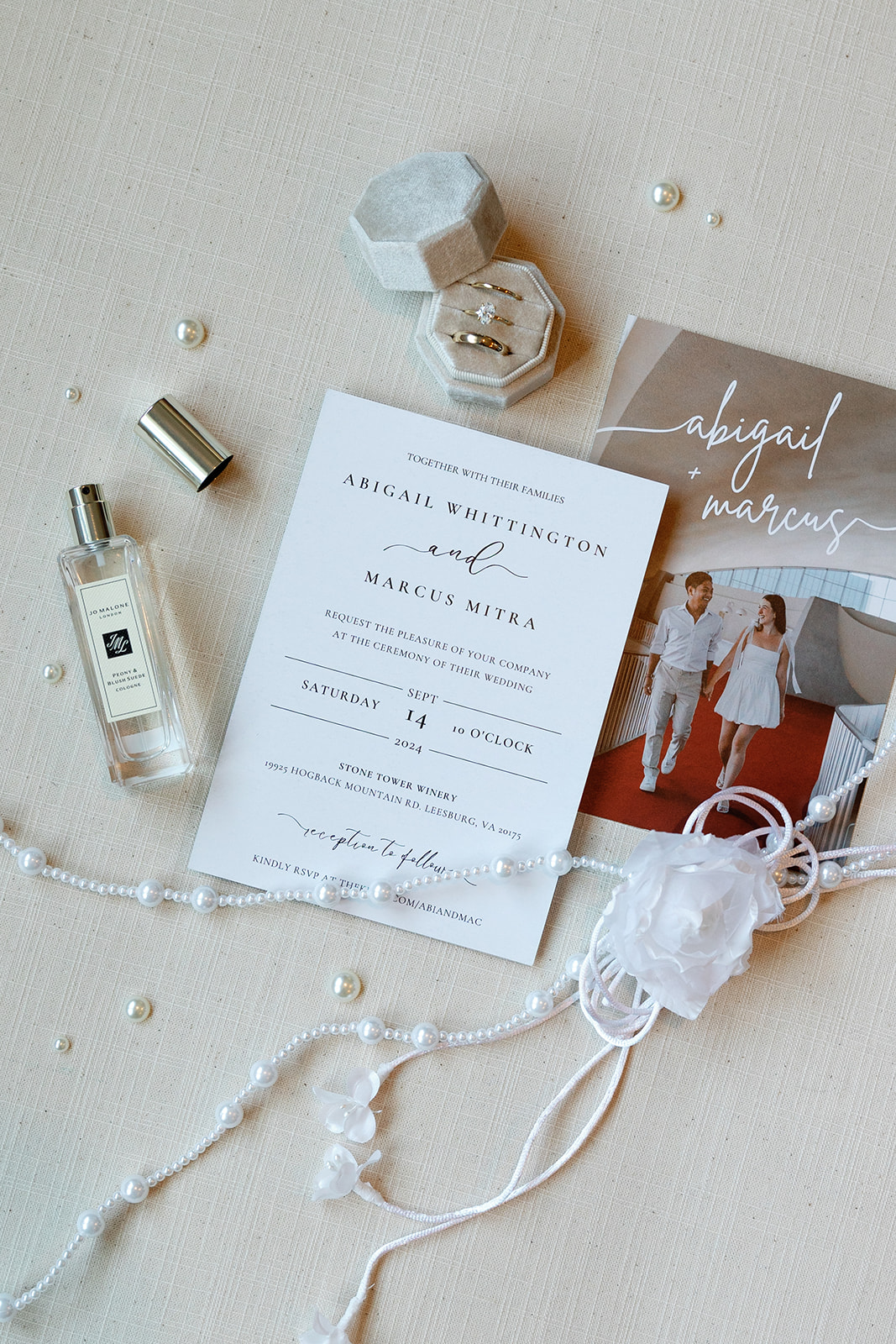 Flat lay details and Abigail and Marcus' wedding.