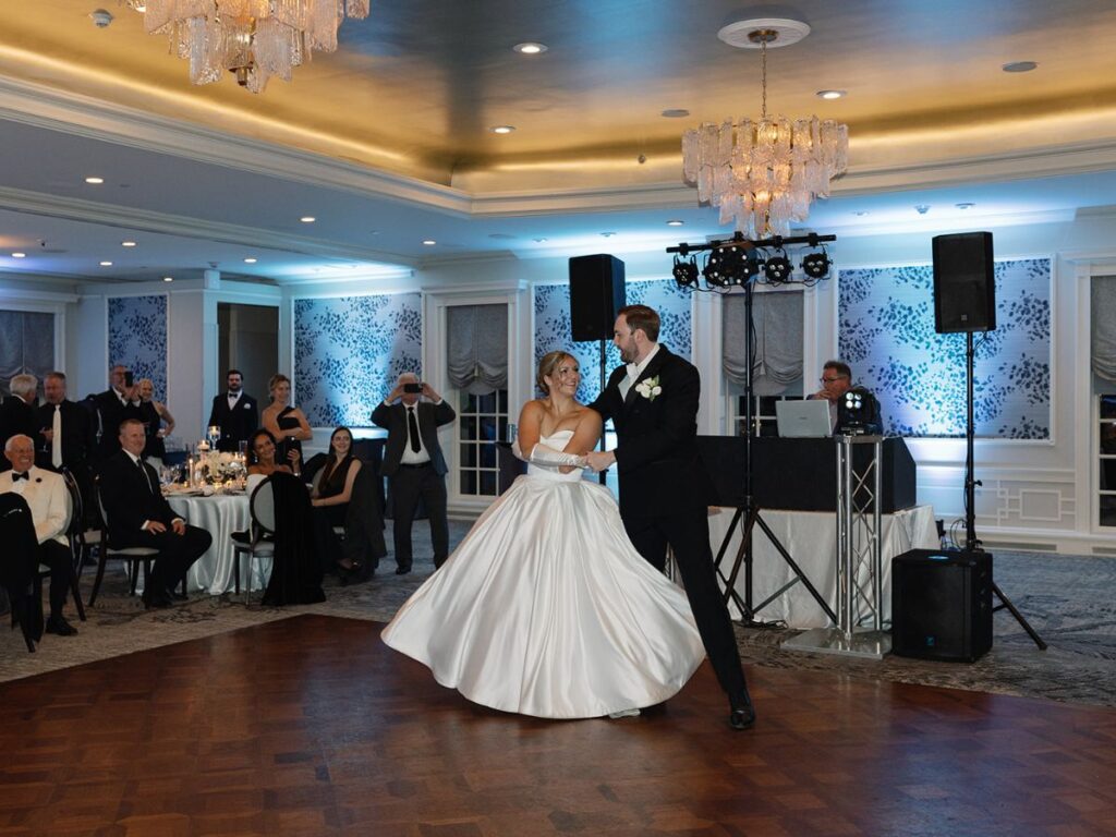 Bride and groom sharing their first dance together.