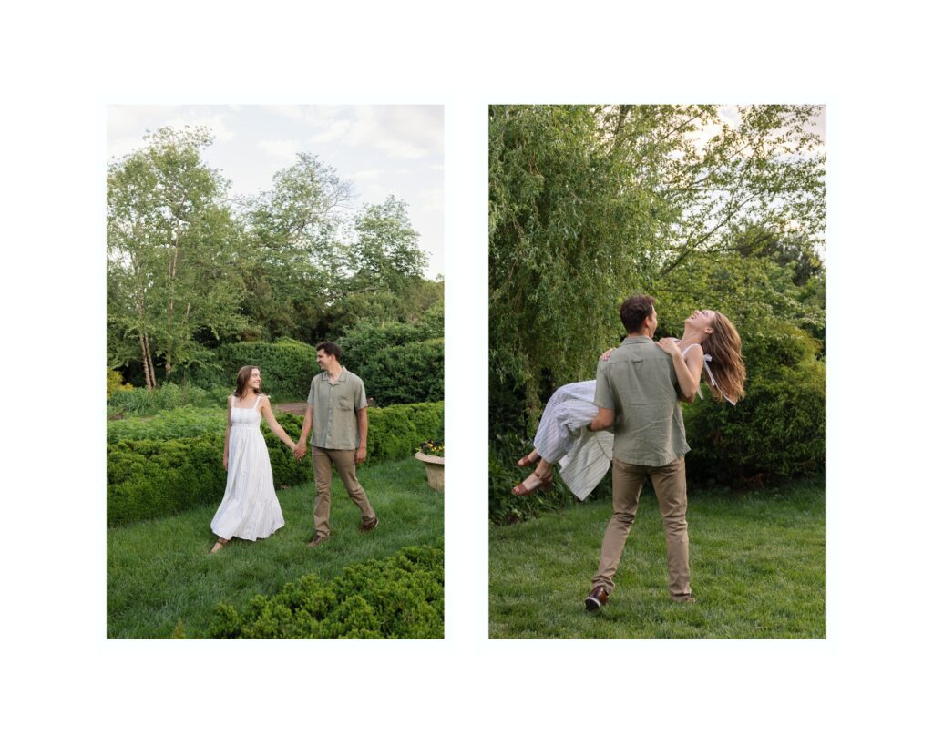 Engaged couple dancing at Oatlands Historic House in Leesburg, Virginia during a spring engagement session by Northern Virginia photographer Alex McCormick