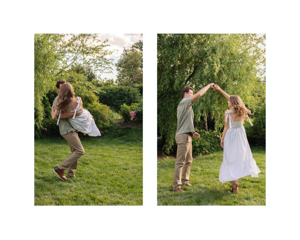 Engaged couple dancing in garden at Oatlands Historic House in Leesburg, Virginia during a spring engagement session by Northern Virginia photographer Alex McCormick