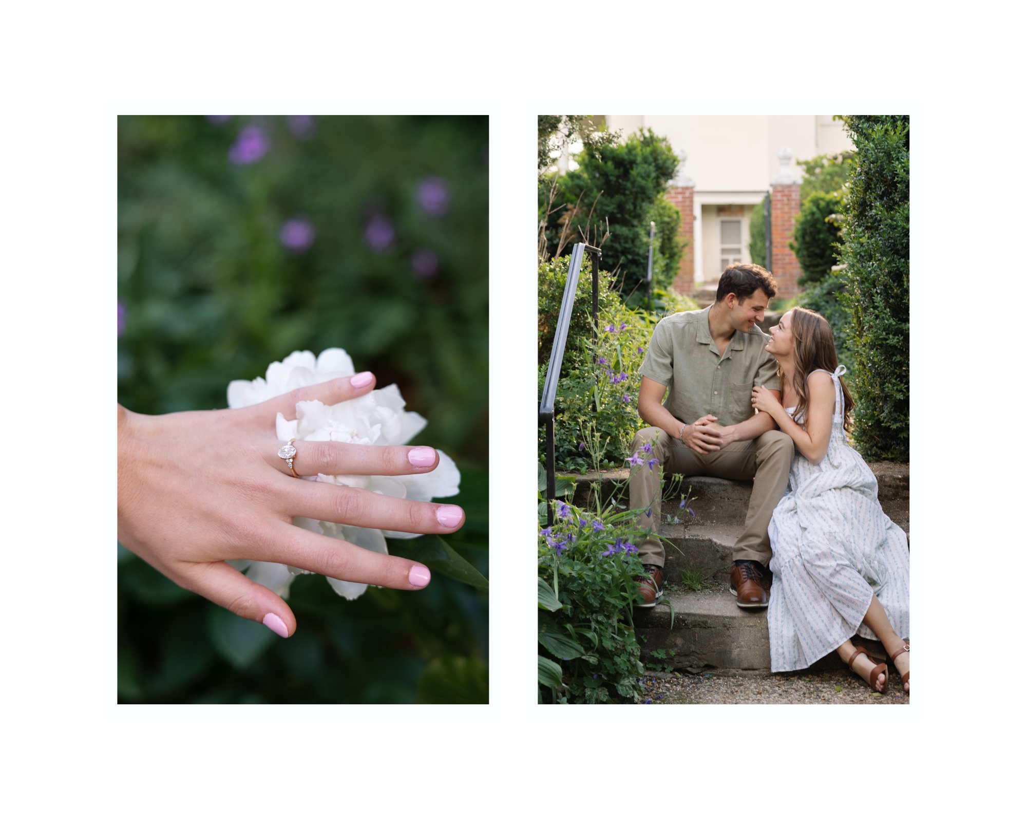 Engaged couple sitting on garden steps at Oatlands Historic House in Leesburg, Virginia during a spring engagement session by Northern Virginia photographer Alex McCormick