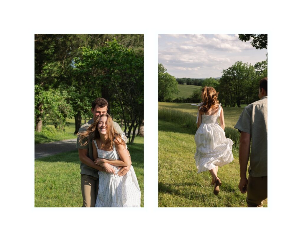 Engaged couple running at Oatlands Historic House in Leesburg, Virginia during a spring engagement session by Northern Virginia photographer Alex McCormick