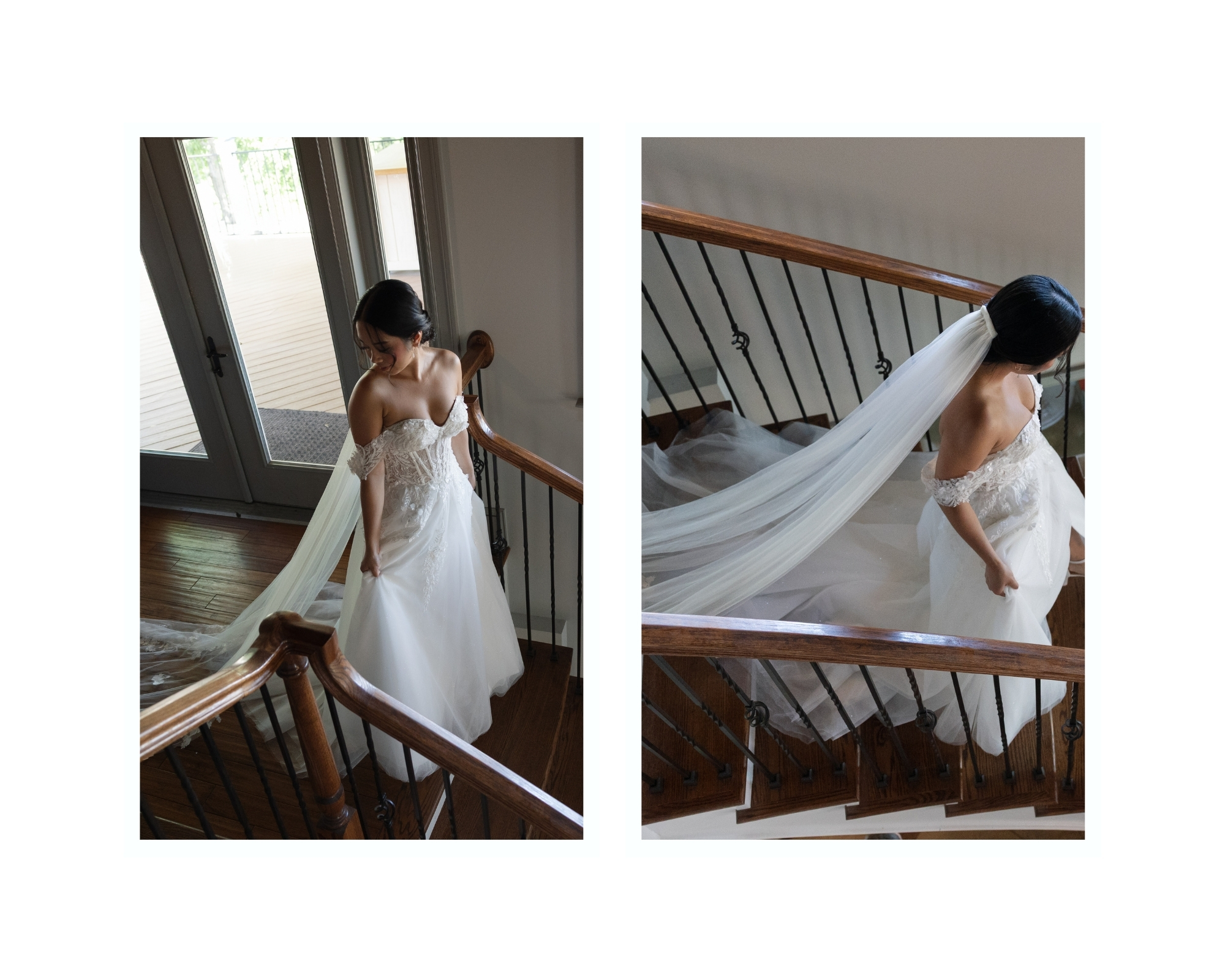 The brides dress and veil cascade down the stairs at Cana Vineyards in Middleburg Virginia