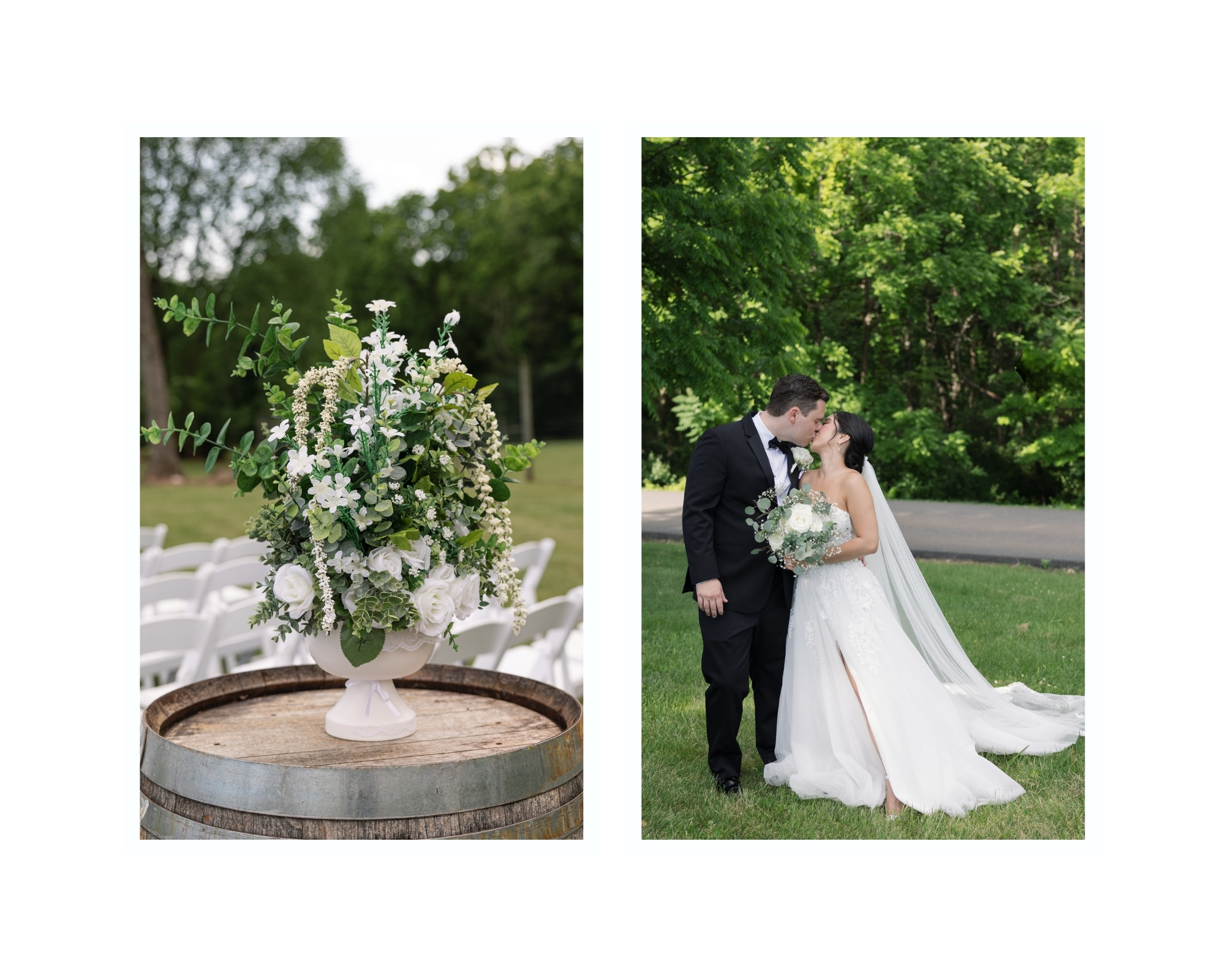 Bridal portrait with soft summer breeze blowing her veil in front of the vineyard greenery