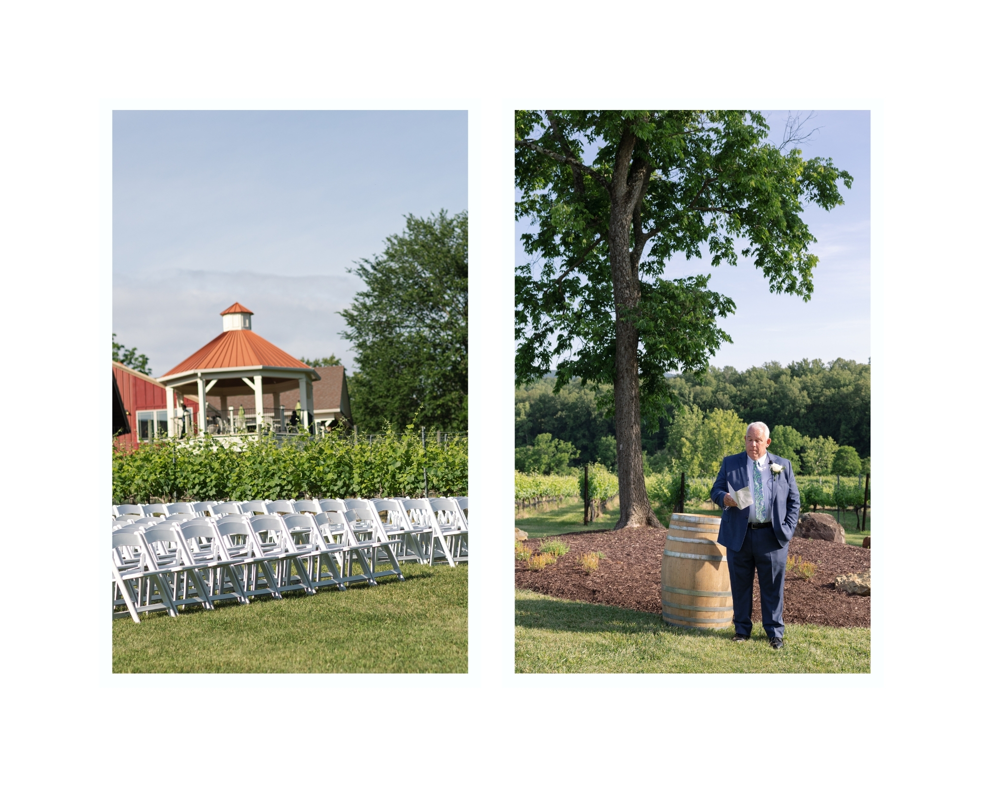 Ceremony setup on the lawn at Cana Vineyards with sweeping vineyard views and a floral-adorned arbor