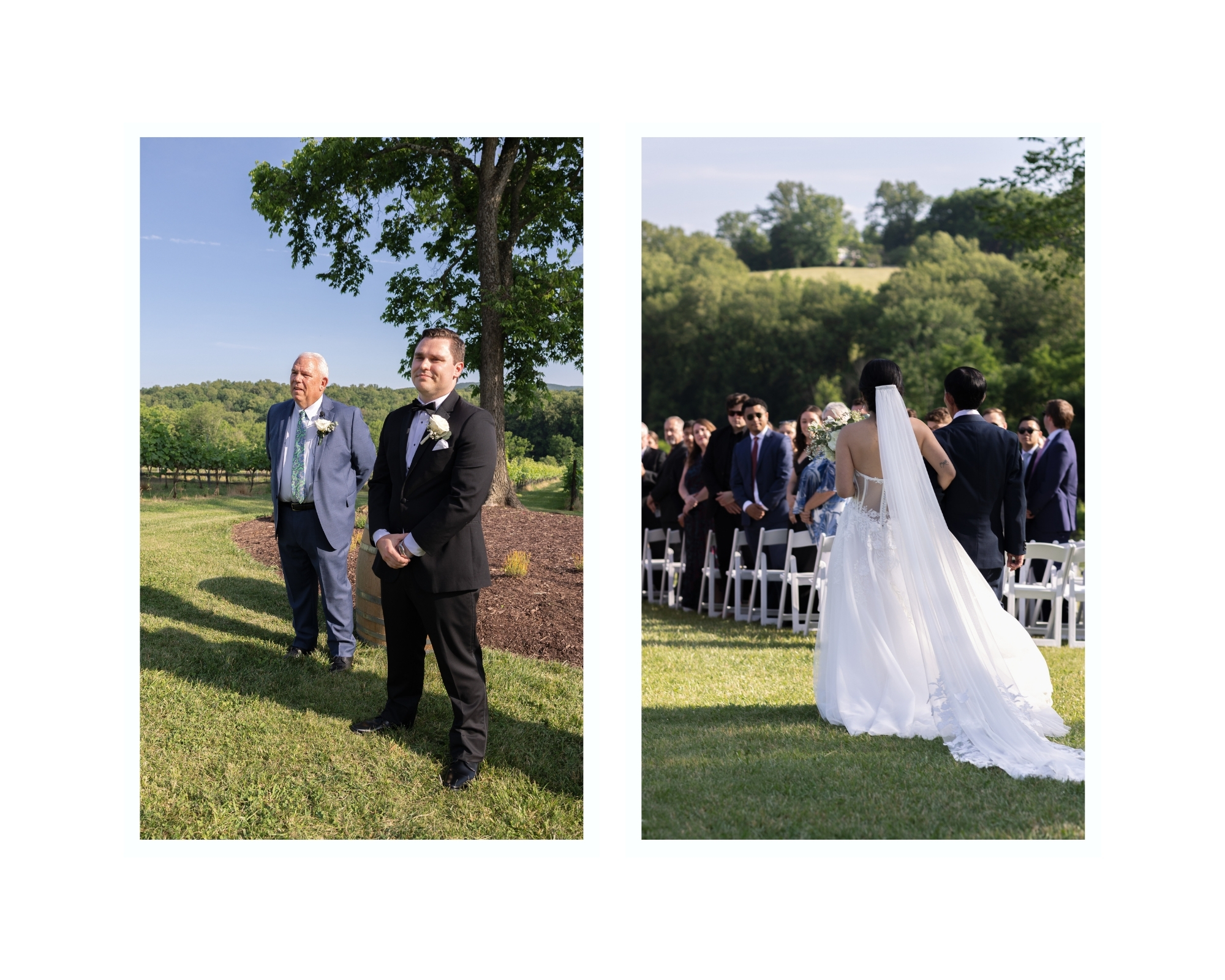 Bride walking down the aisle with her father, veil trailing behind and florals lining the aisle
