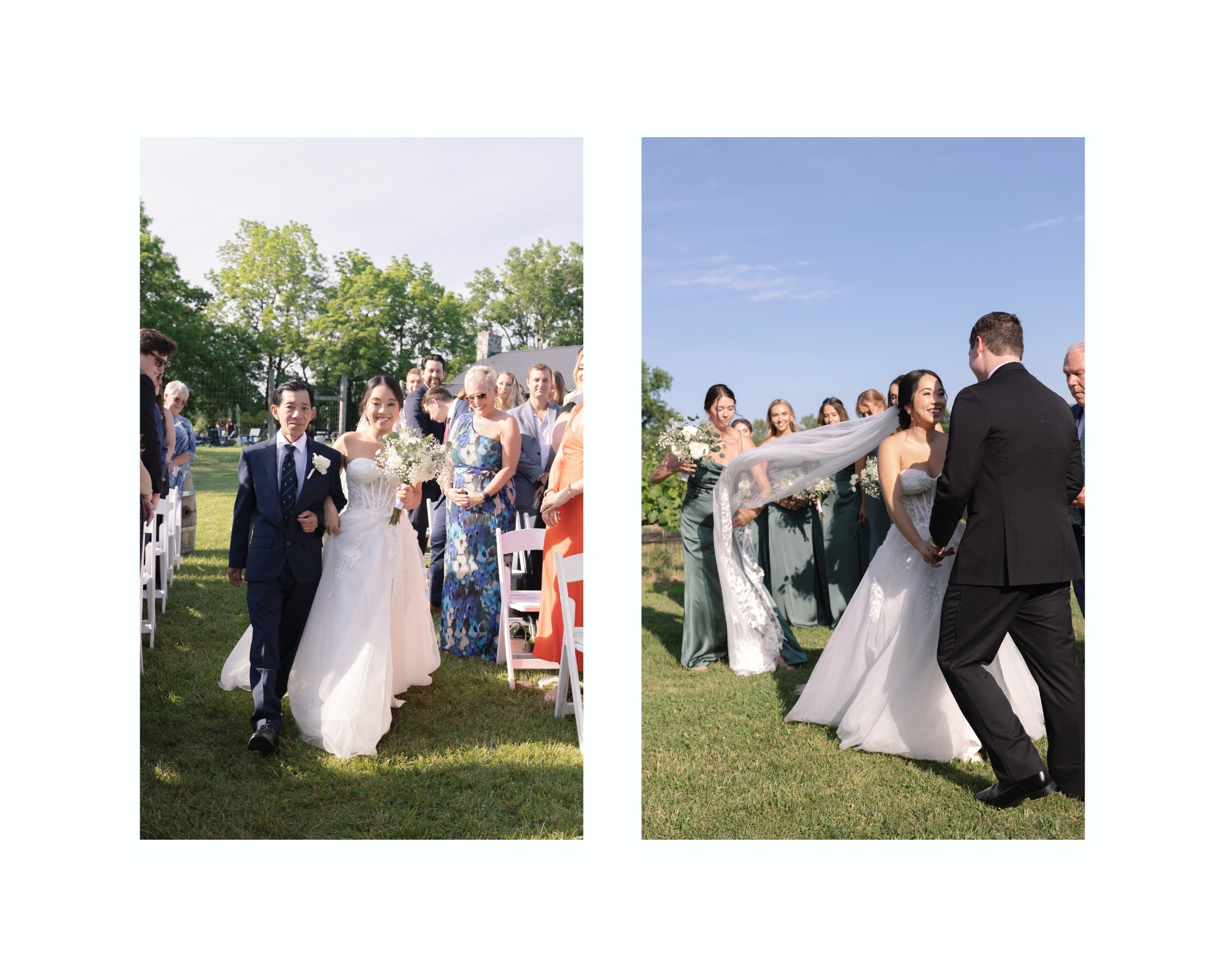 Bride walking down the aisle with her father, veil trailing behind and florals lining the aisle