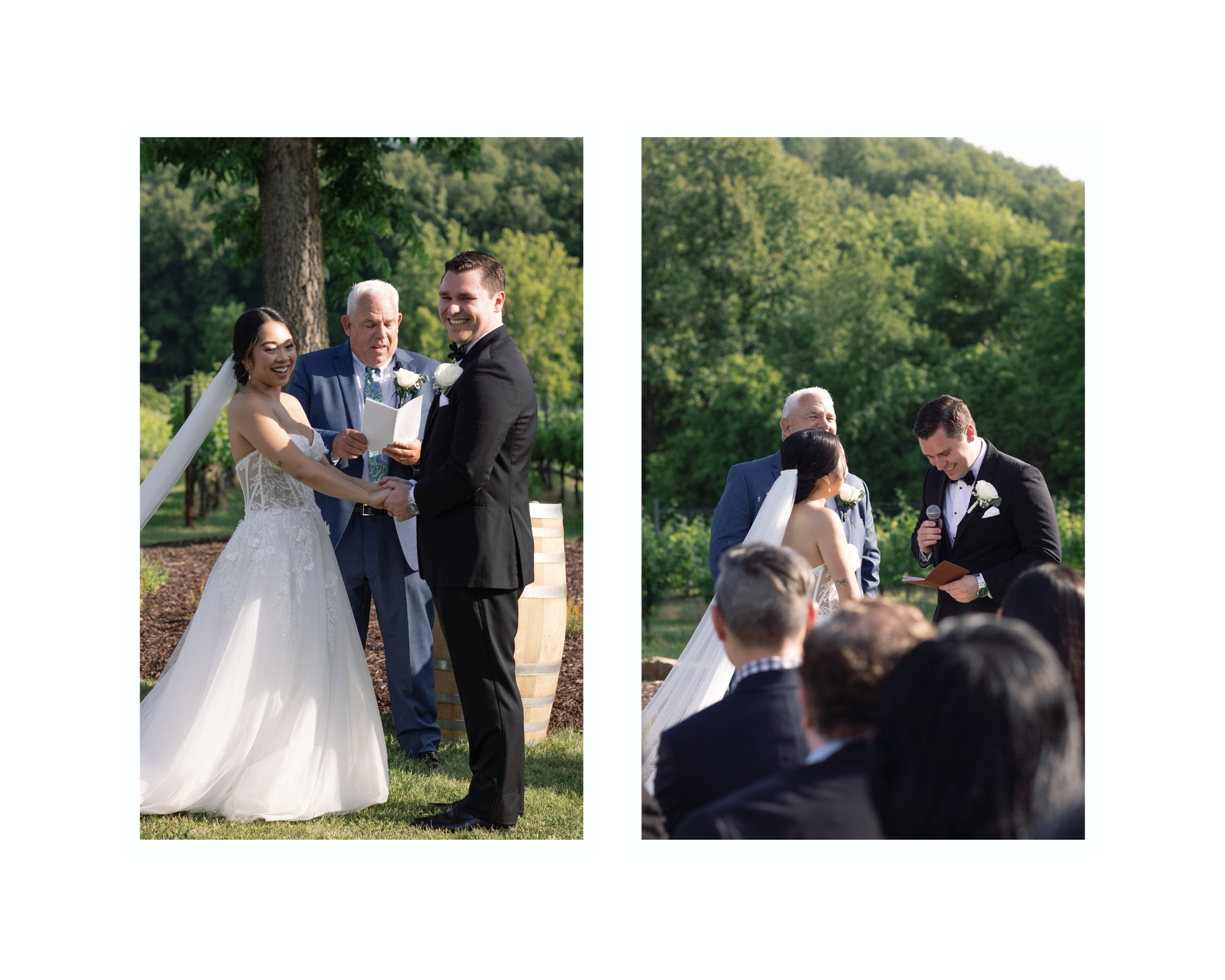 Hands clasped during the ring exchange, with vineyard vines blurred in the background