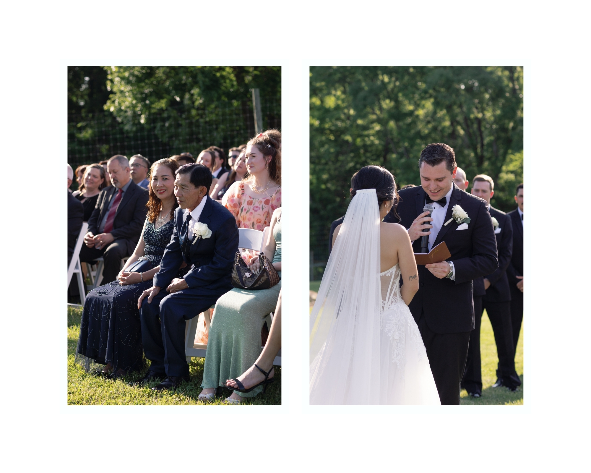 The couple standing hand in hand beneath the historic tree during their vows