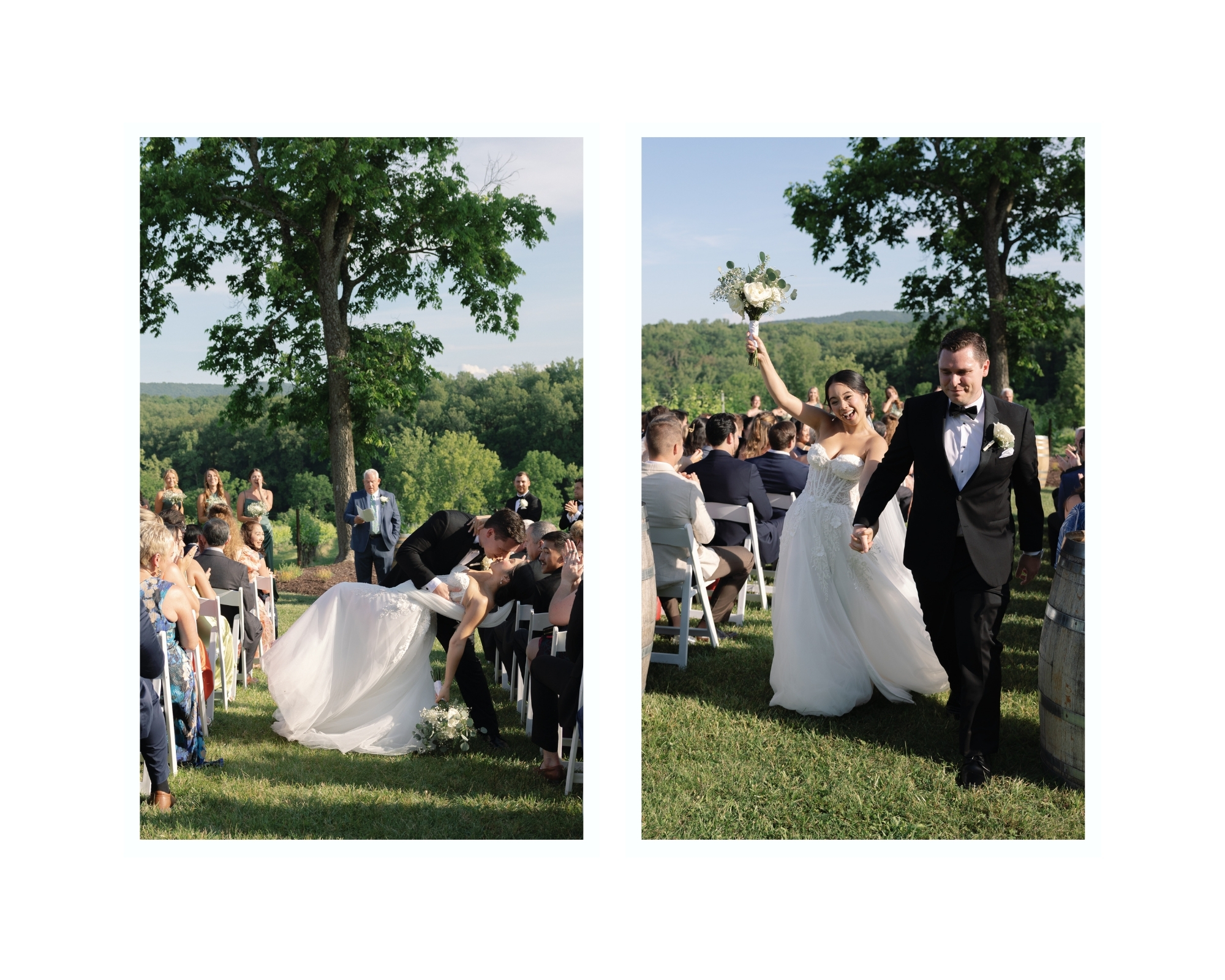 The couple walking back up the aisle past the tree, surrounded by clapping guests