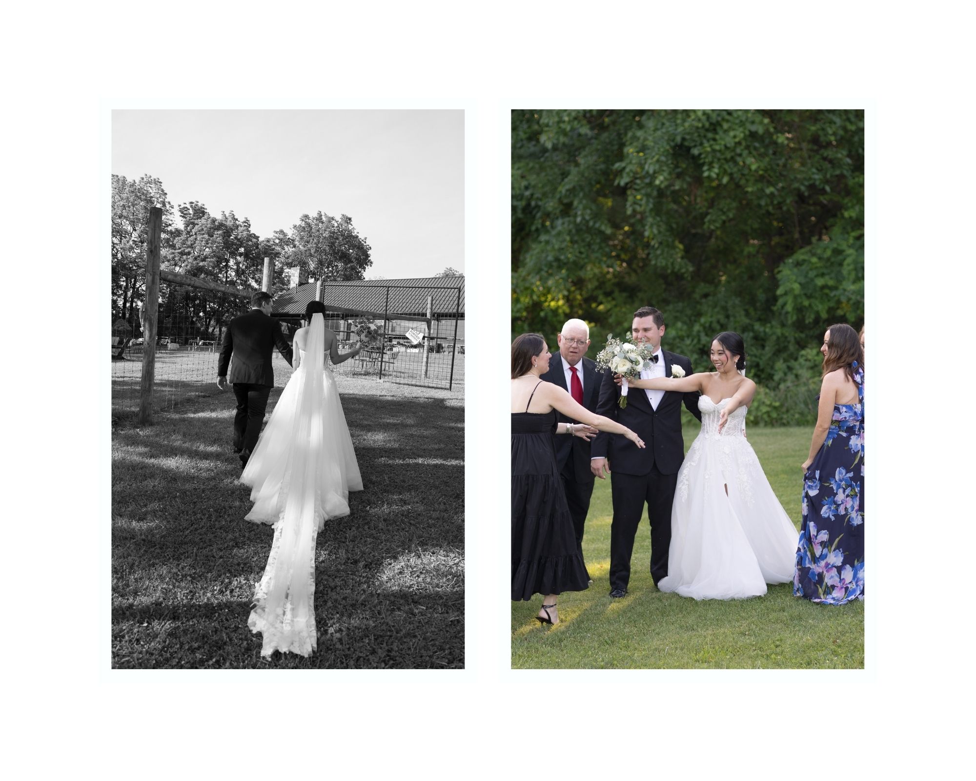 Newlyweds surrounded by immediate family under the historic tree after the ceremony