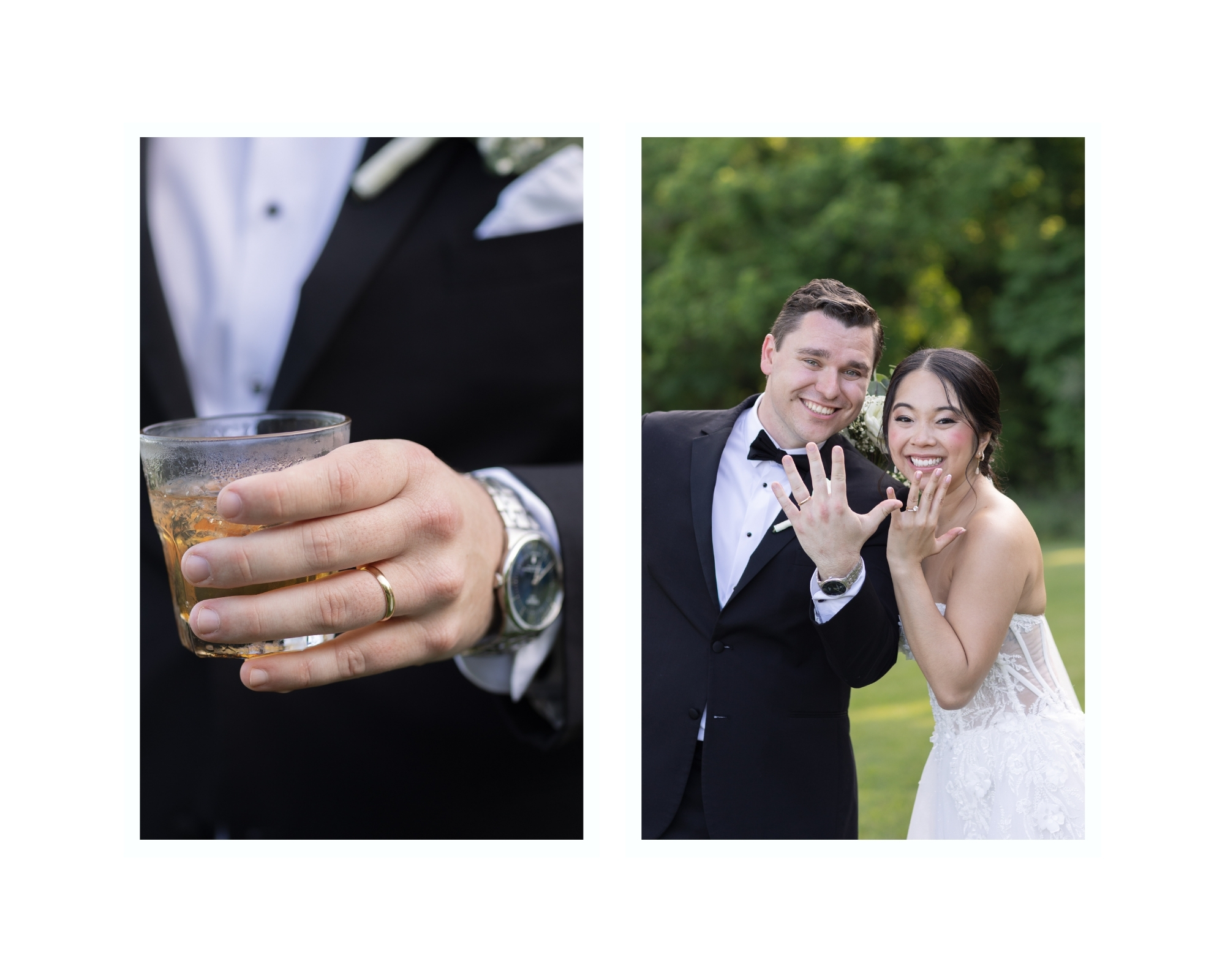 Bride and groom showing off their rings 