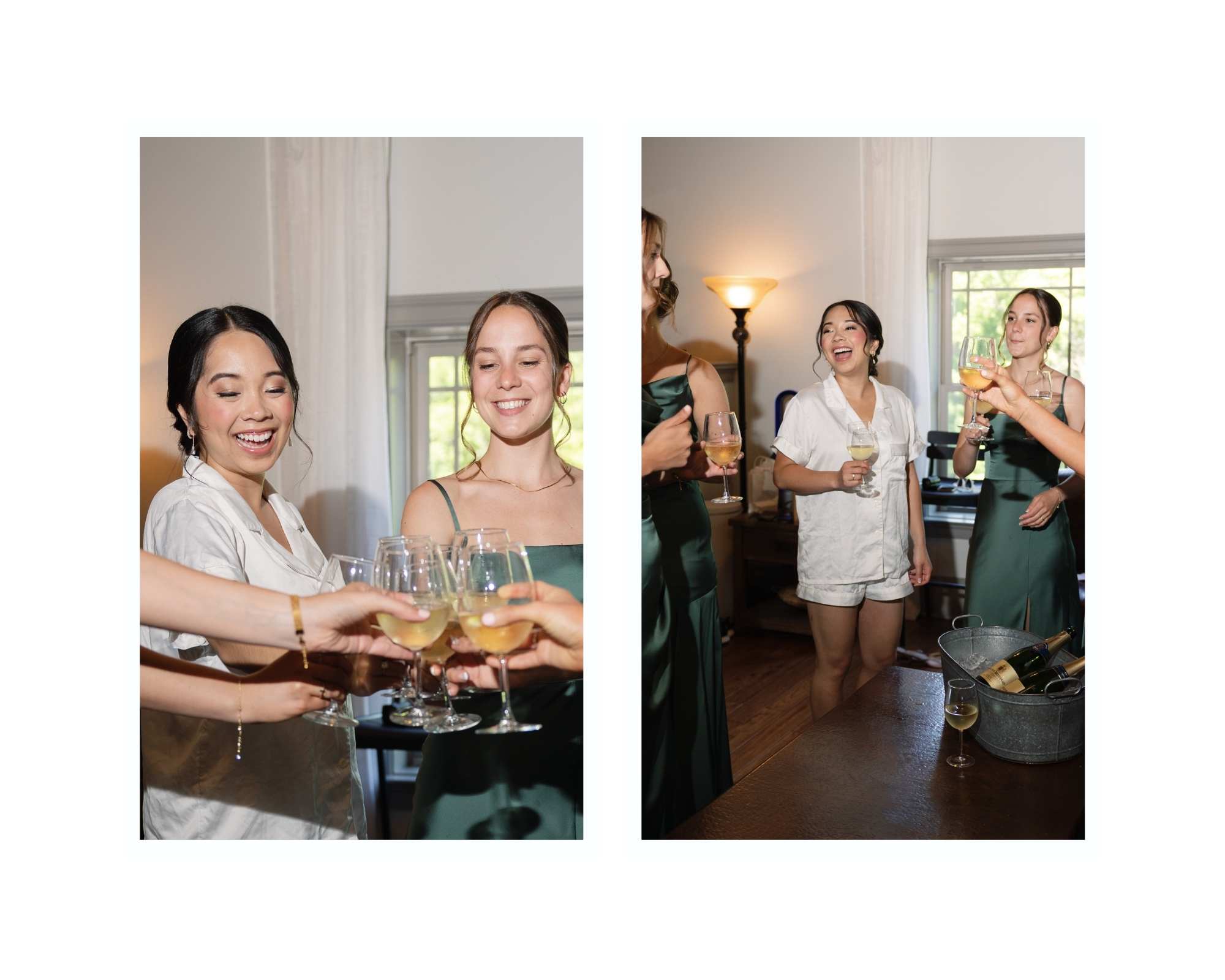 Champagne toast in matching robes with the bridesmaids