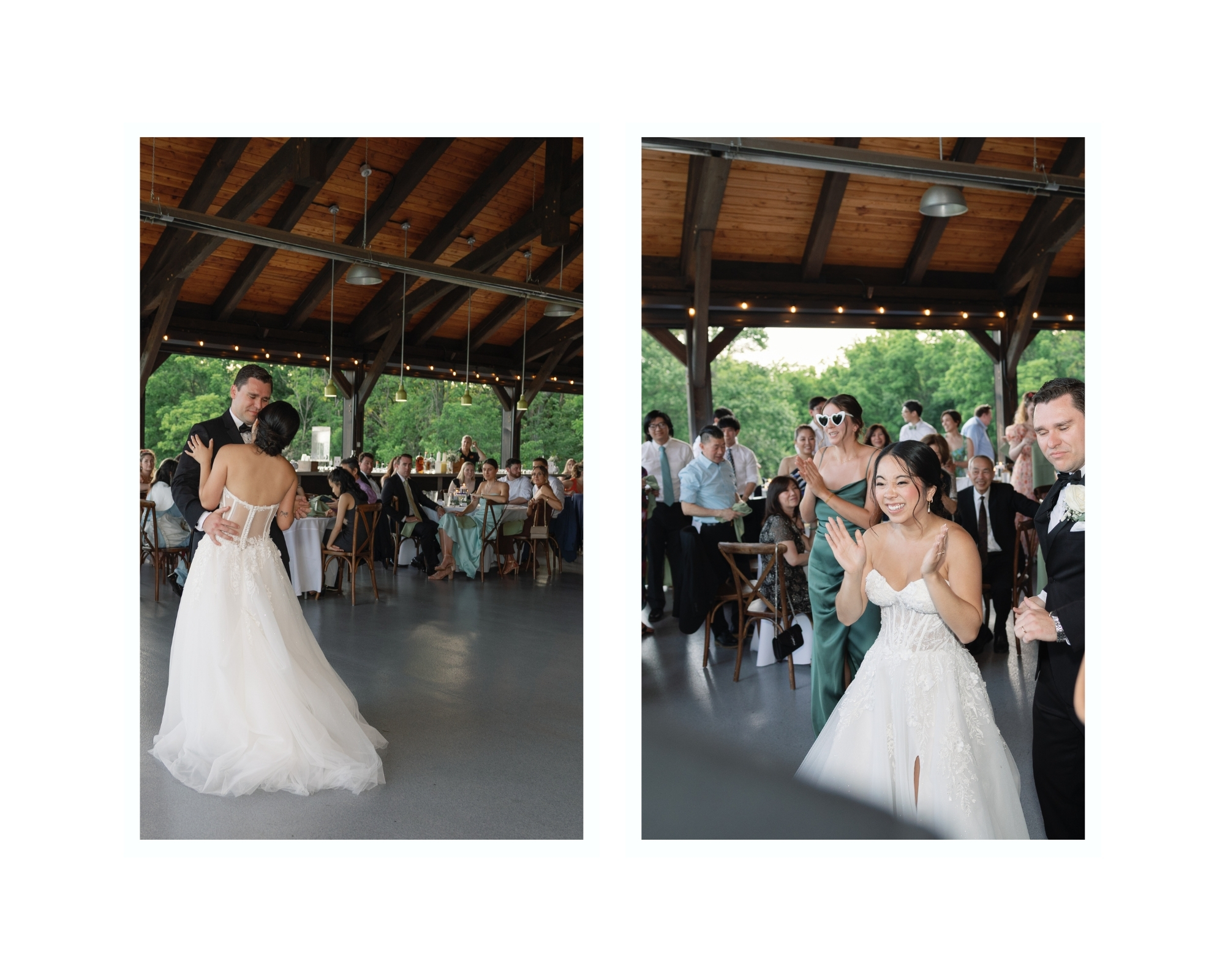 Romantic first dance on the outdoor dance floor at Cana Vineyards with guests watching