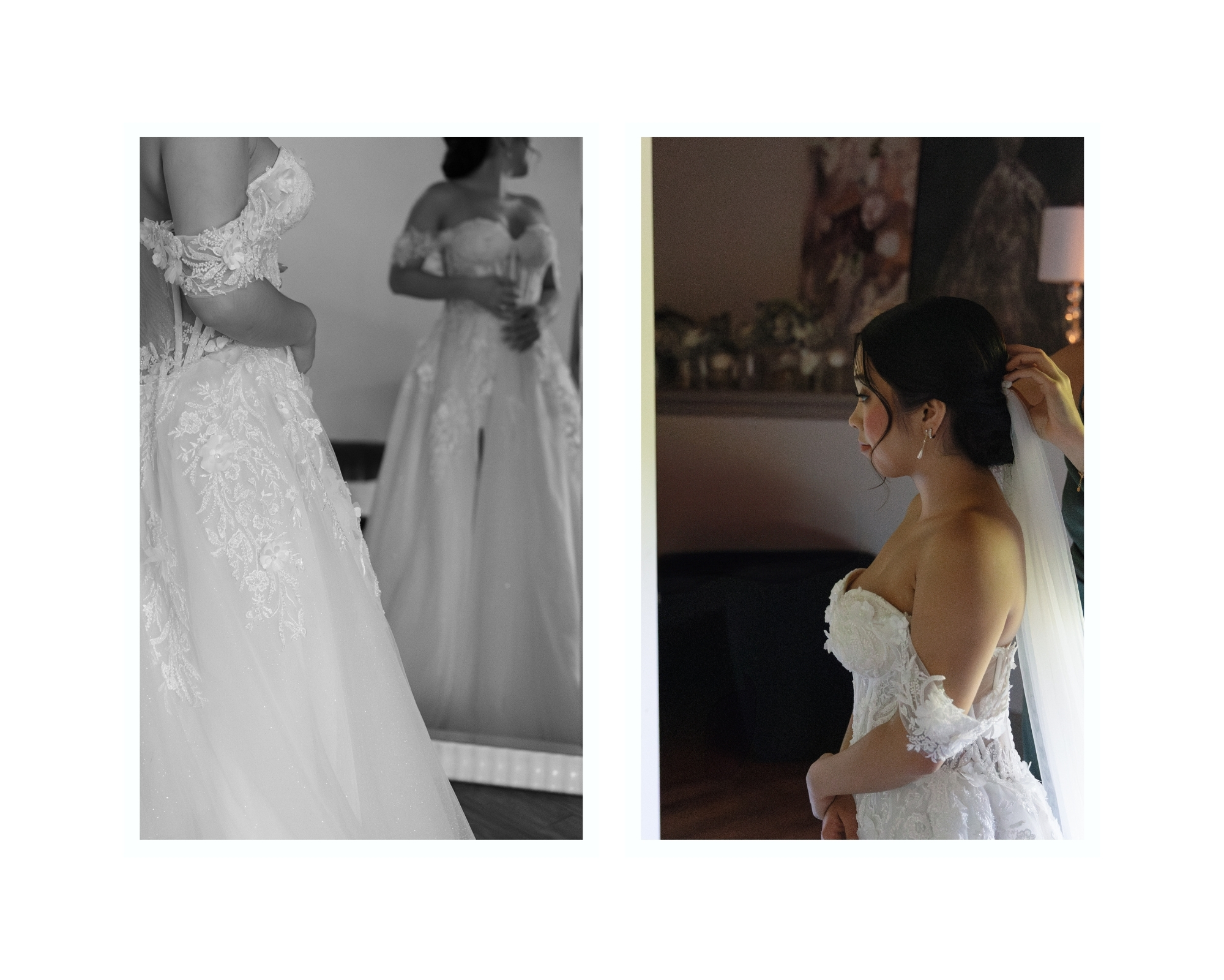 Bride getting into her dress at Cana Vineyards