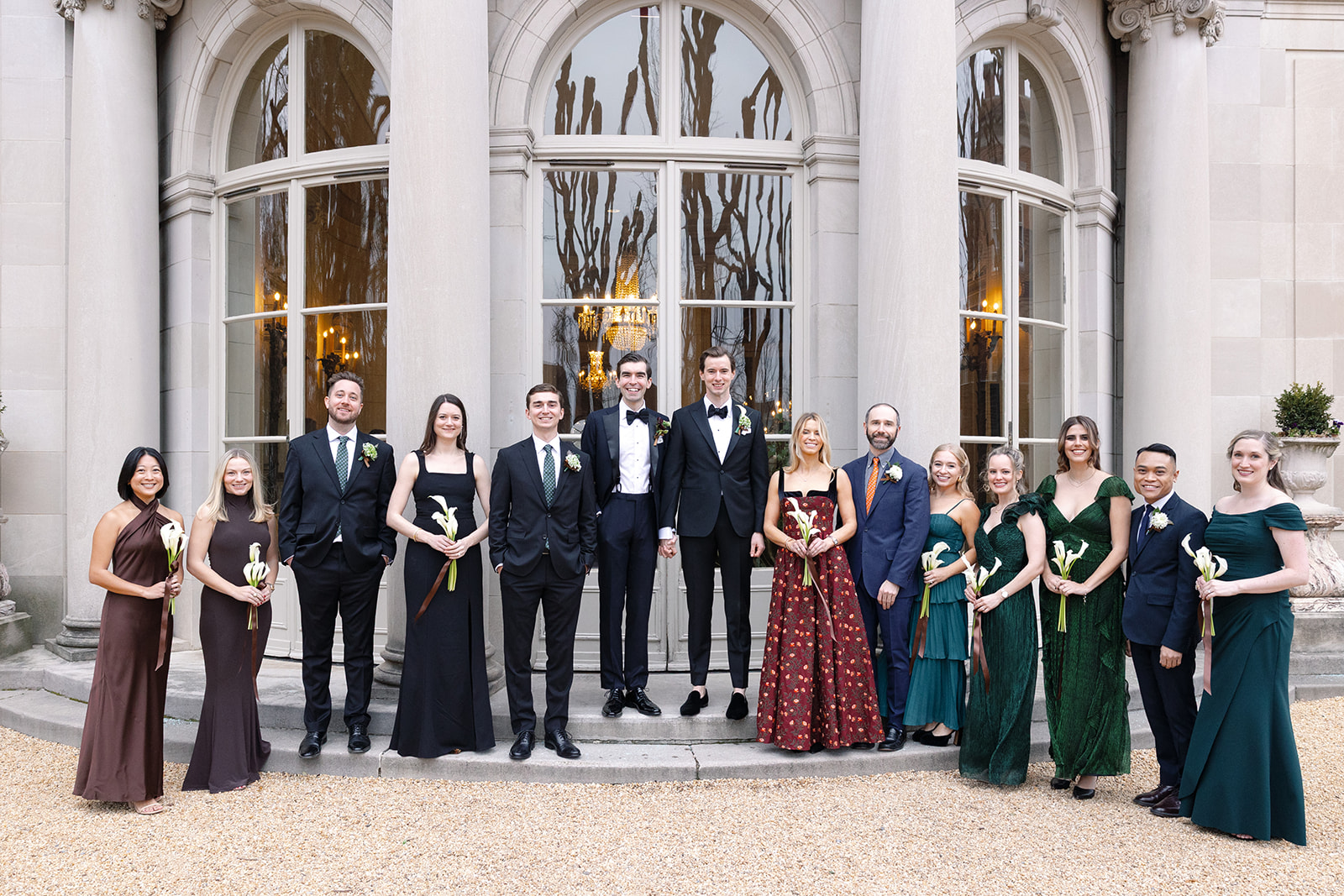 Group wedding party photos taken outside the charming Meridian House in Washington DC at an LGBTQ wedding.