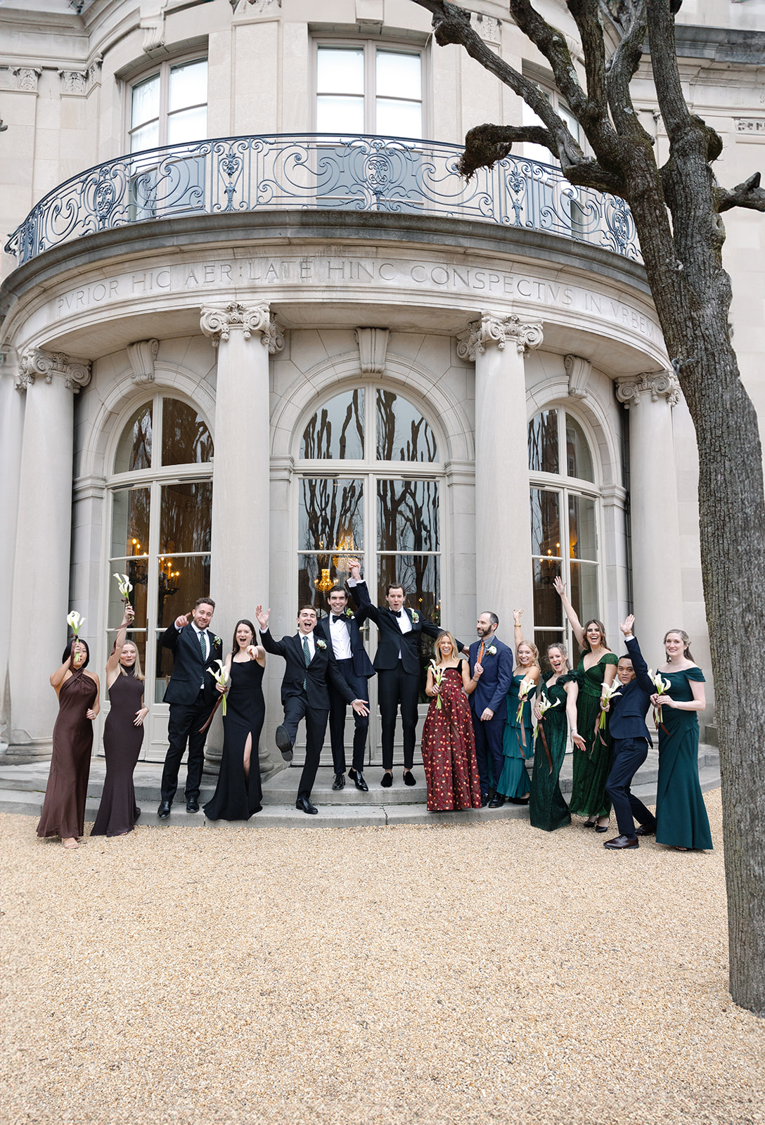 Group wedding party photos taken outside the charming Meridian House in Washington DC at an LGBTQ wedding.